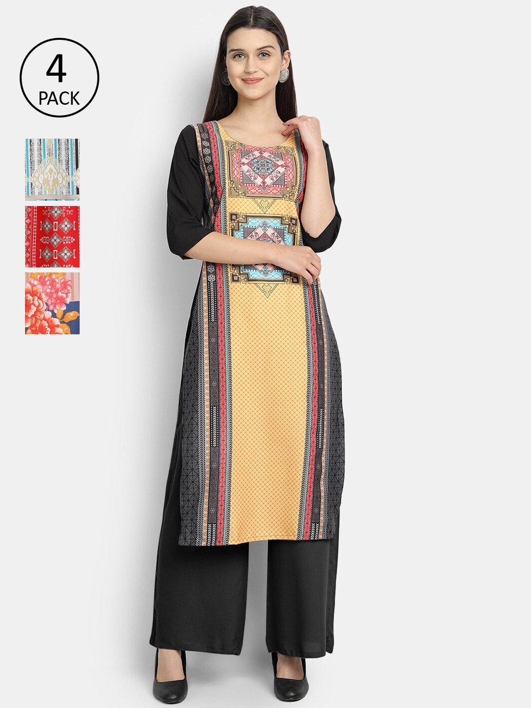 

Ethnic basket Women Pack Of 4 Multicoloured Ethnic Motifs Printed Crepe Kurta, Multi