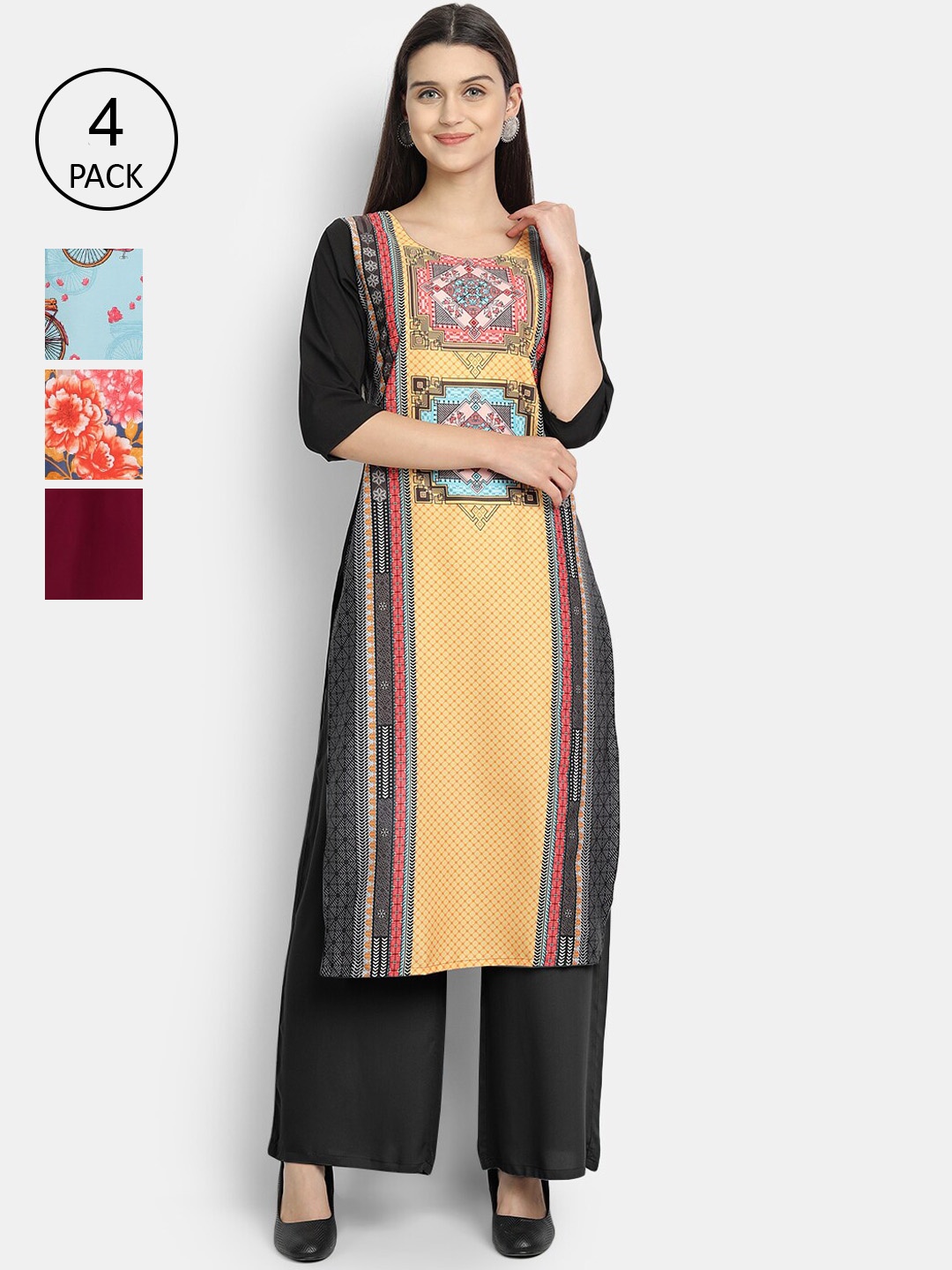 

Ethnic Basket Women Pack Of 4 Digital Print Straight Kurtas, Multi