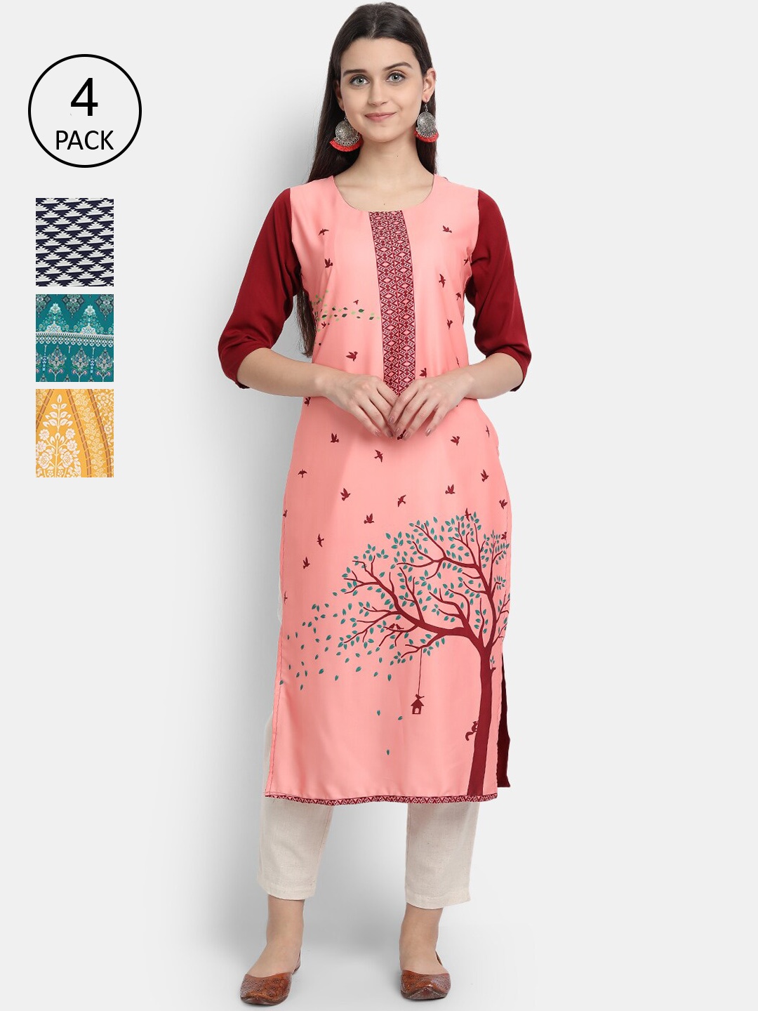 

Ethnic basket Women Pack of 4 Multicoloured Floral Printed Crepe Kurta, Multi