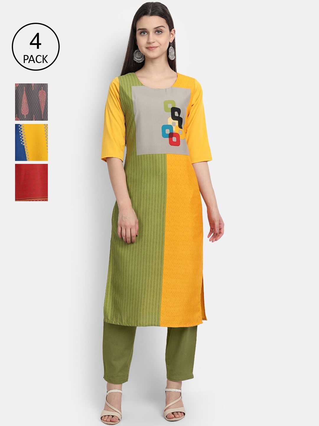

Ethnic basket Women Pack Of 4 Multicoloured Ethnic Motifs Printed Crepe Kurta, Multi