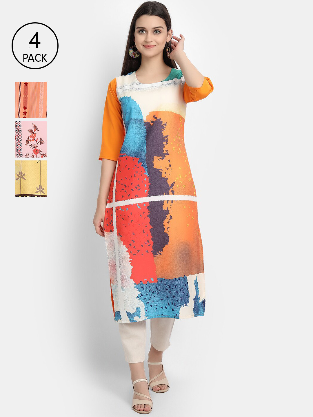 

Ethnic basket Women Pack Of 4 Digital Printed Crepe Kurta, Peach