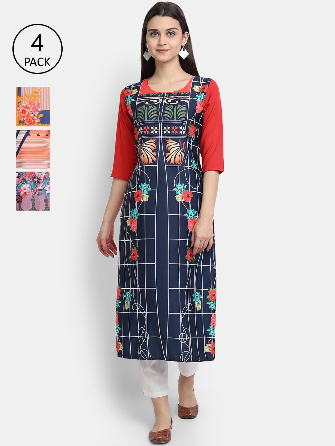 

Ethnic basket Women Pack Of 4 Digital Printed Crepe Kurta, Blue
