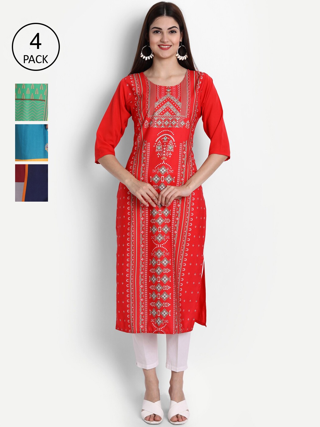 

Ethnic basket Women Pack Of 4 Digital Printed Crepe Kurta, Red