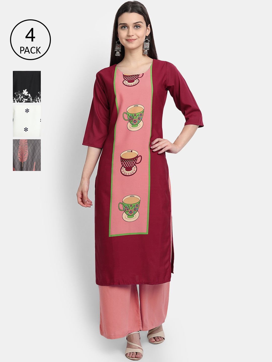 

Ethnic Basket Women Pack Of 4 Digital Print Straight Kurtas, Multi