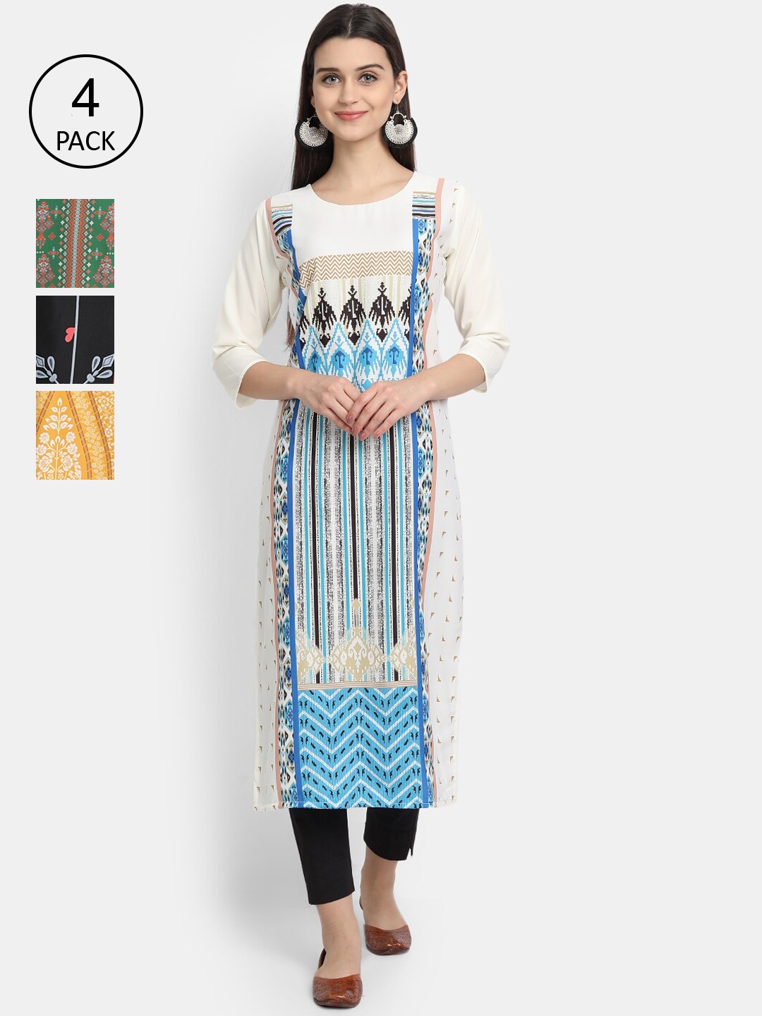 

Ethnic basket Women Multicoloured Set of 4 Ethnic Motifs Printed Crepe Kurta, Multi