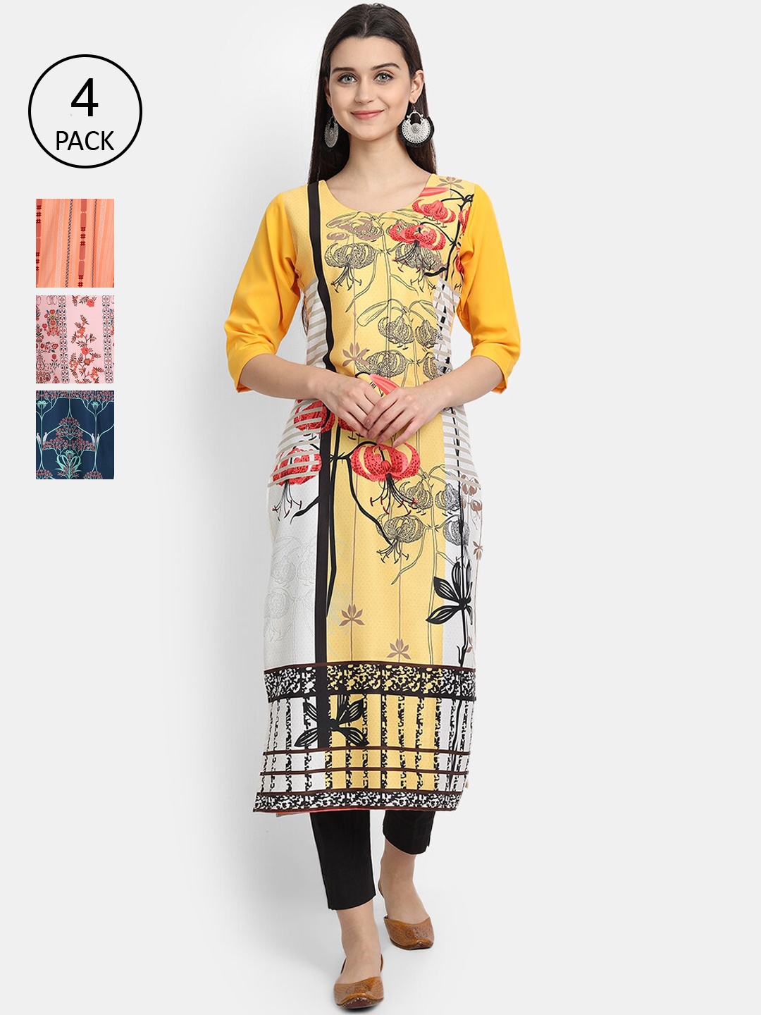 

Ethnic basket Pack Of 4 Floral Printed Crepe Kurta, Yellow