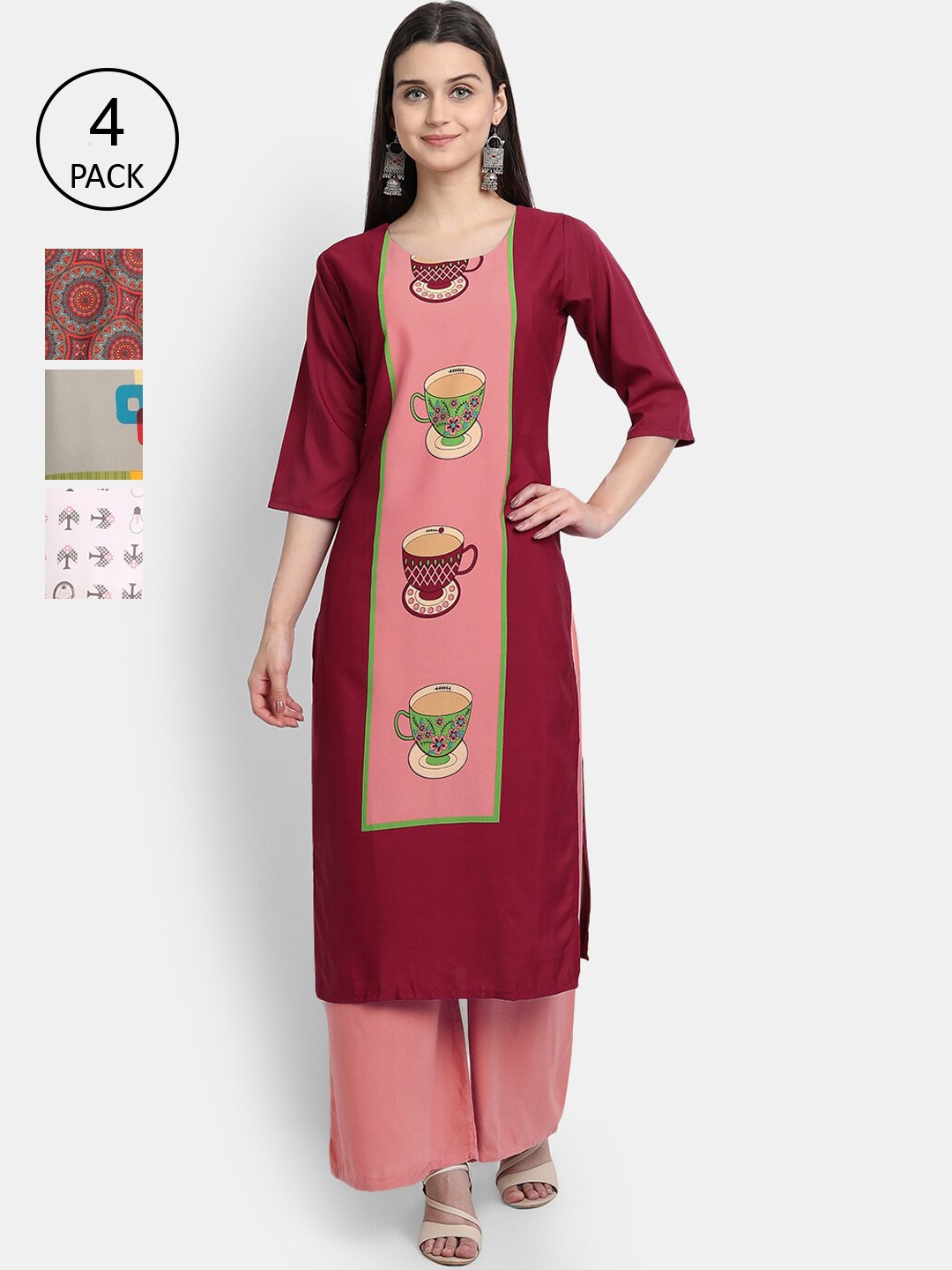 

Ethnic basket Women Pack Of 4 Multicoloured Ethnic Motifs Printed Crepe Kurta, Multi