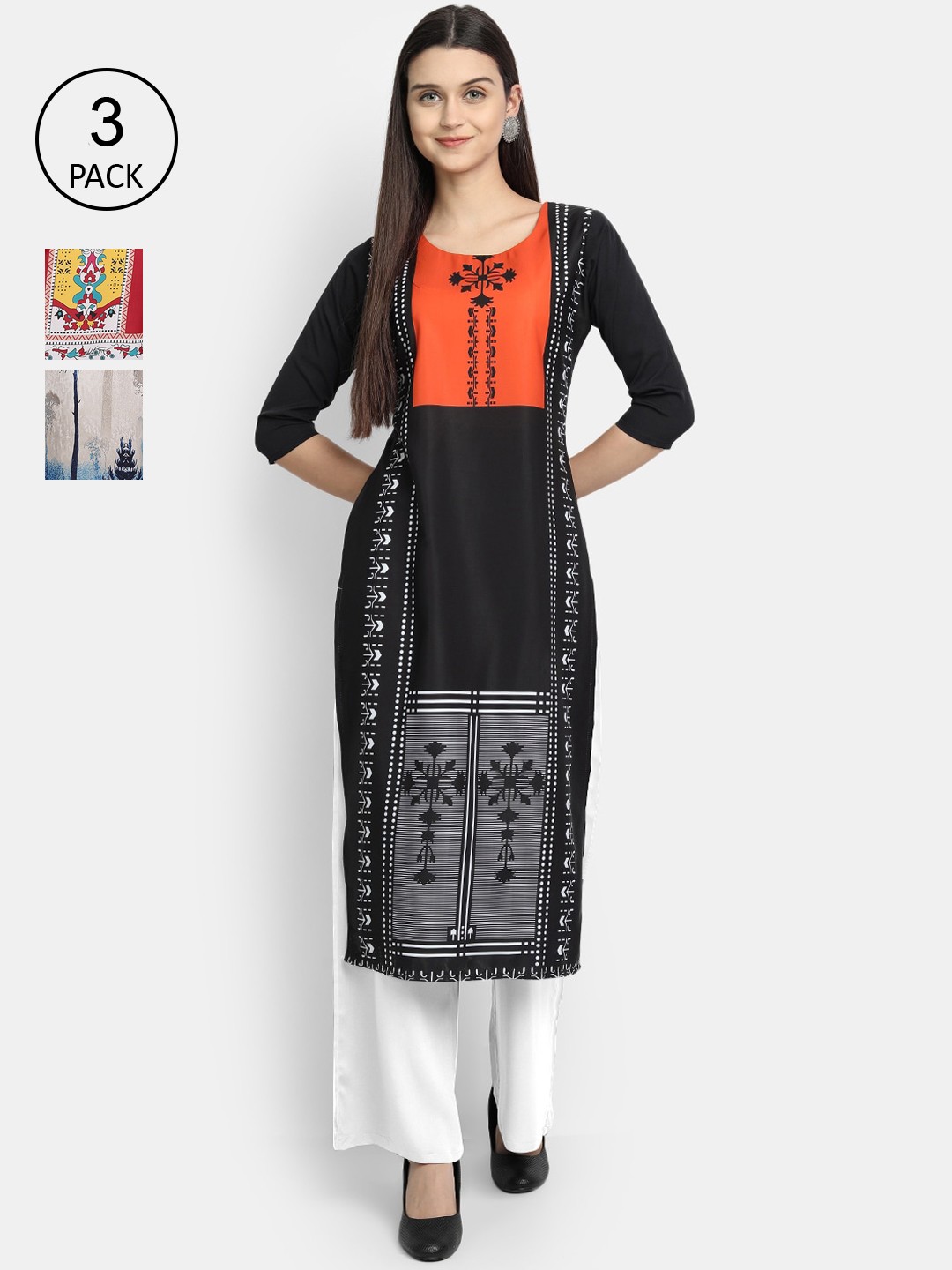 

Ethnic basket Women Pack of 3 Black & Red Geometric Digital Printed Crepe Kurtas