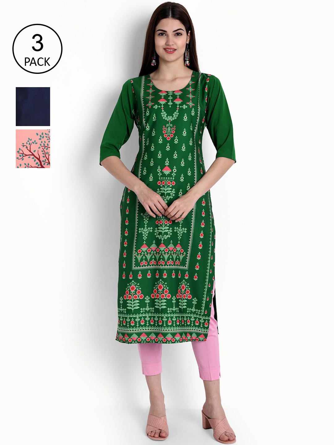 

Ethnic basket Women Pack Of 3 Straight Kurtas, Green