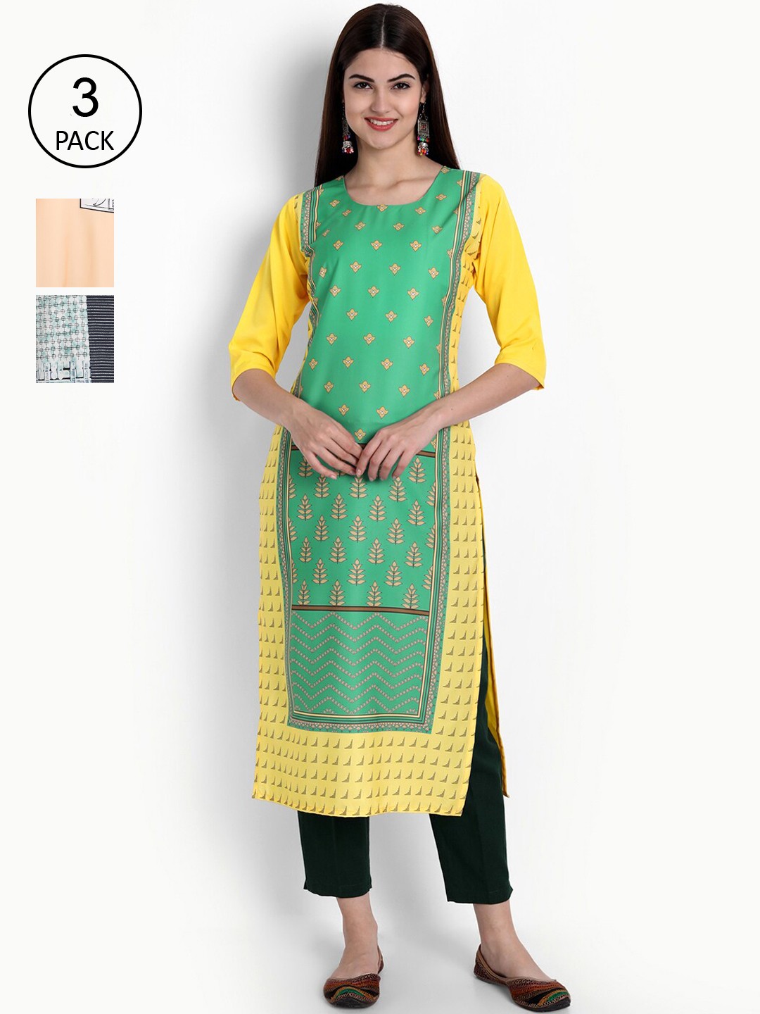 

Ethnic basket Women Multicoloured Set of 3 Ethnic Motifs Printed Crepe Kurta, Multi