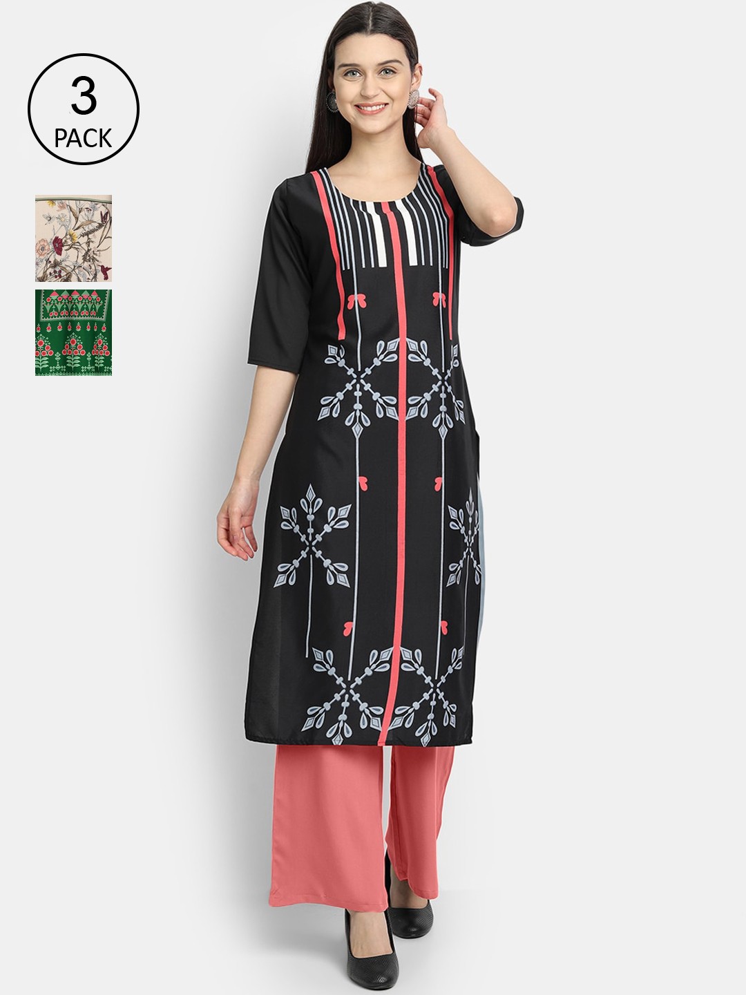 

Ethnic basket Women Pack Of 3 Multicoloured Ethnic Motifs Printed Crepe Kurta, Multi