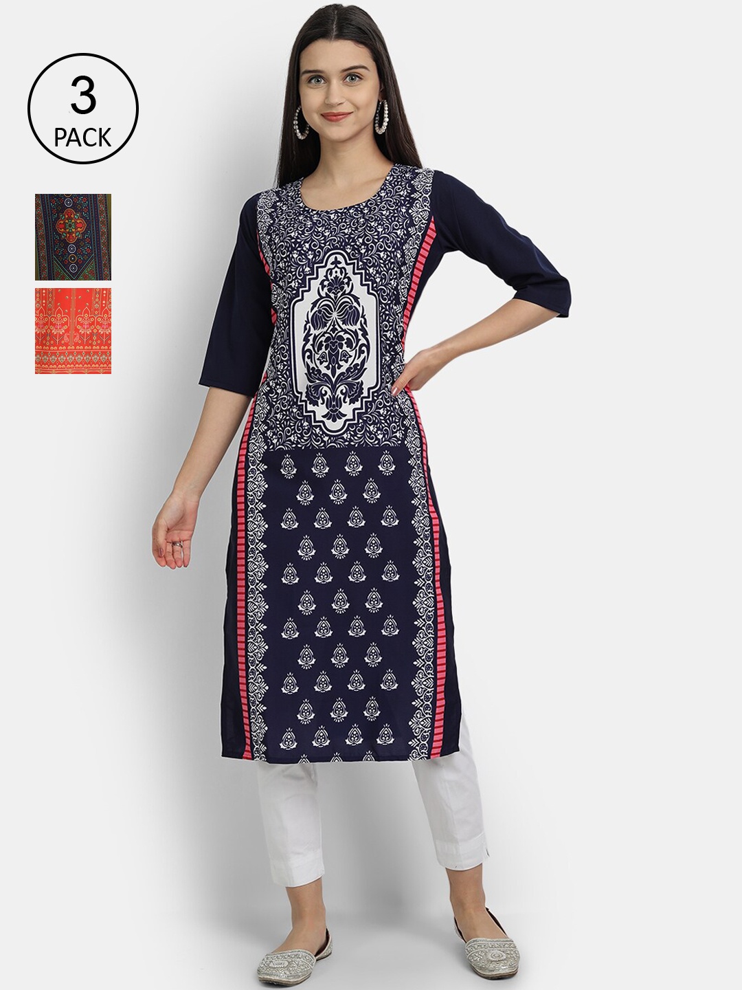 

Ethnic Basket Women Pack Of 3 Digital Print Straight Kurtas, Multi