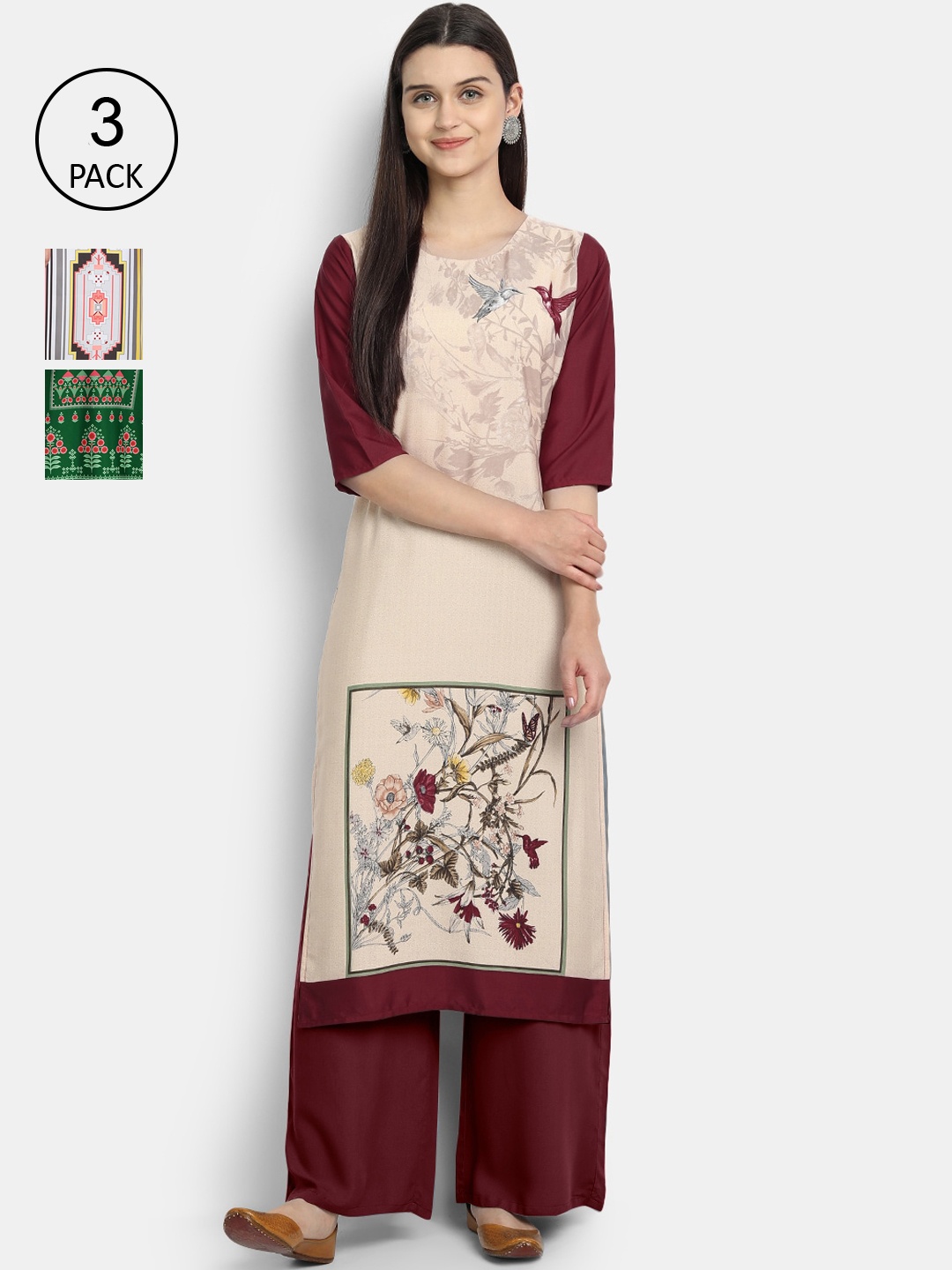 

Ethnic basket Women Pack of 3 Multicoloured Floral Printed Crepe Kurta, Multi