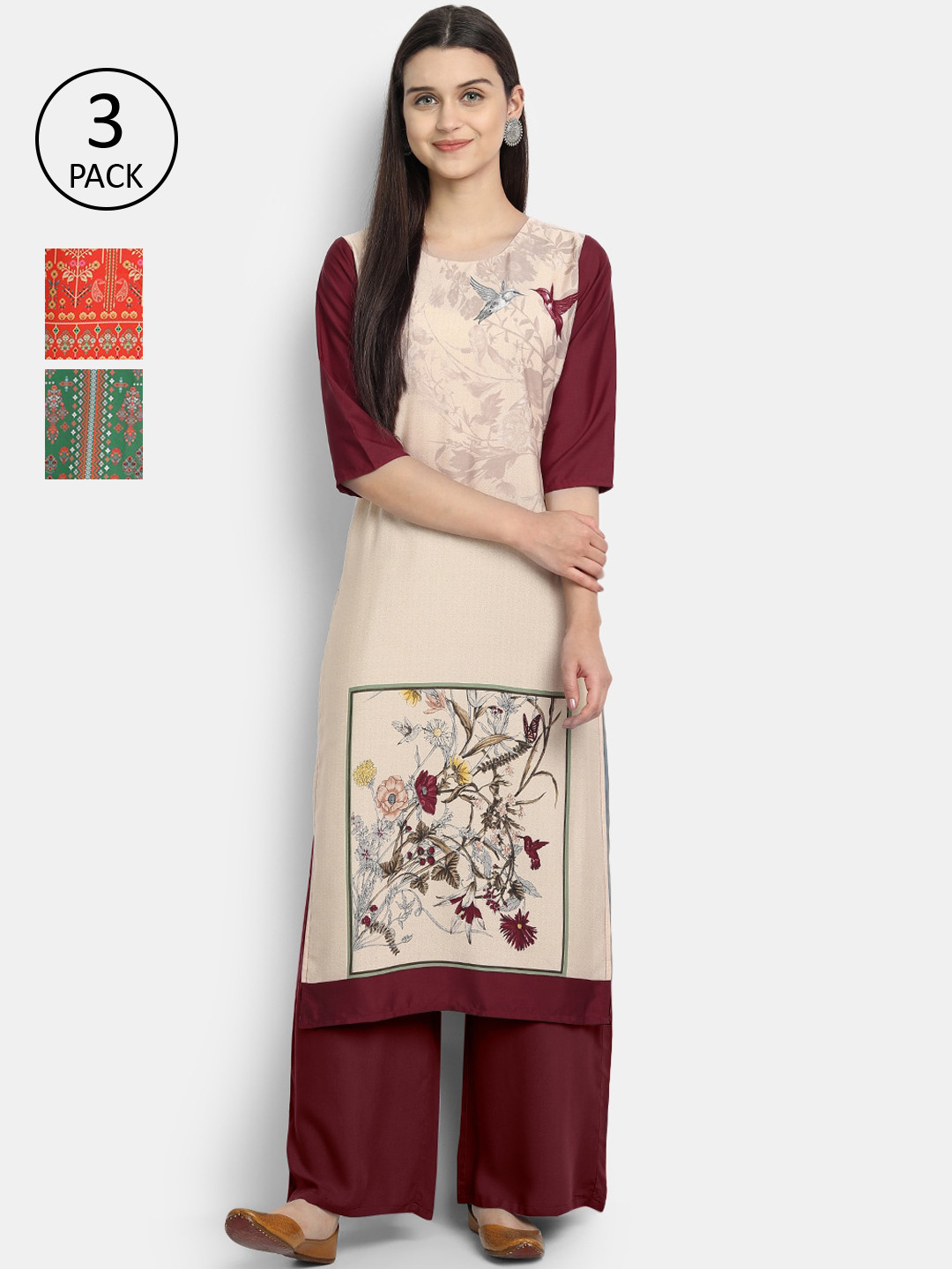 

Ethnic basket Women Pack of 3 Multicoloured Floral Printed Crepe Kurta, Multi