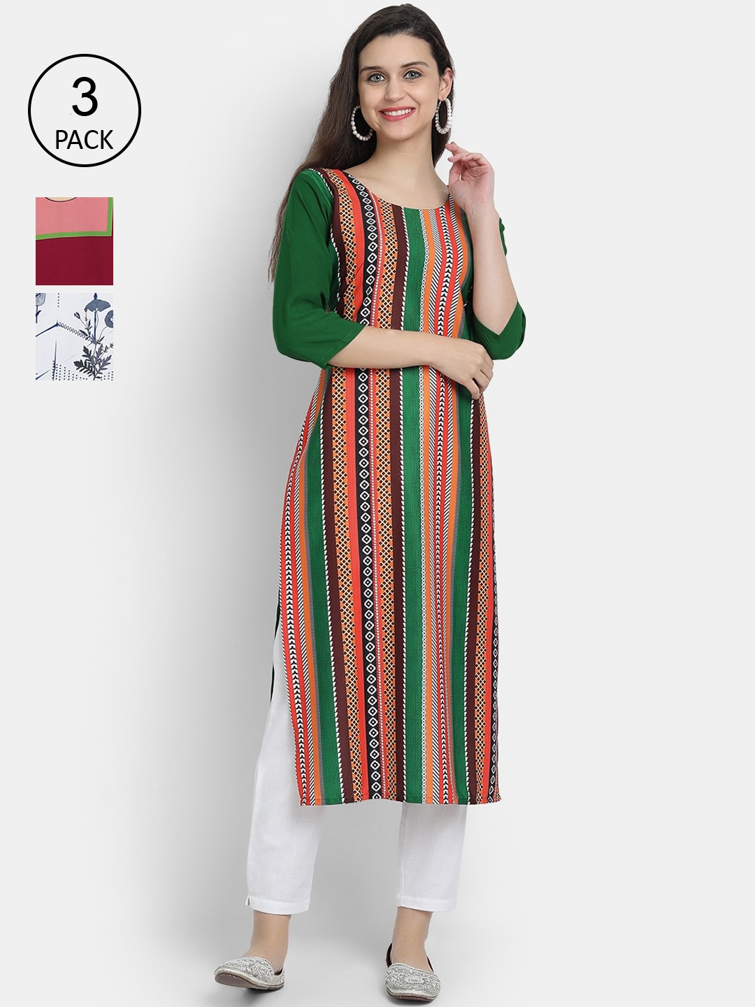 

Ethnic basket Women Pack Of 3 Straight Kurtas, Green