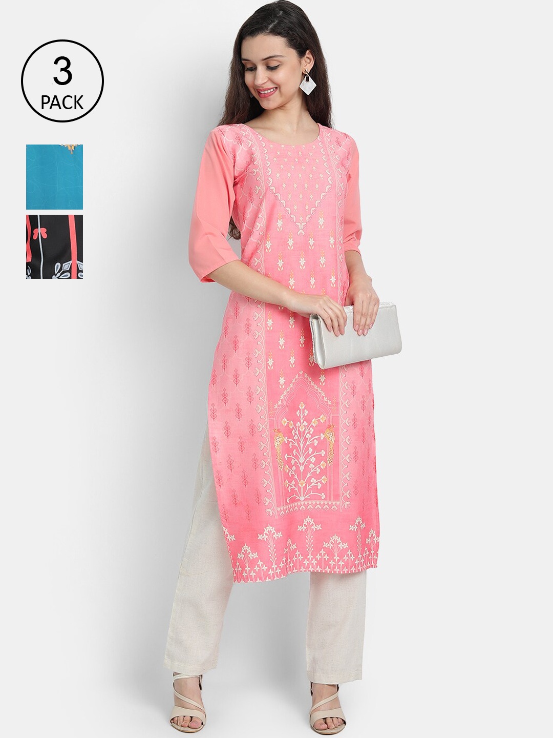 

Ethnic Basket Women Pack Of 3 Digital Print Straight Kurtas, Multi