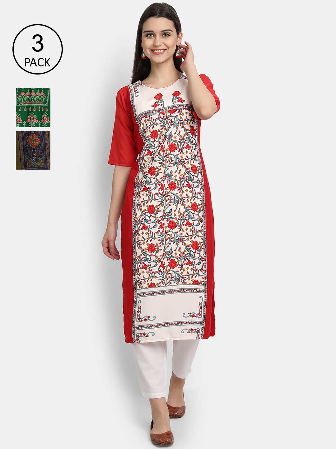 

Ethnic Basket Women Pack Of 3 Digital Print Straight Kurtas, Multi
