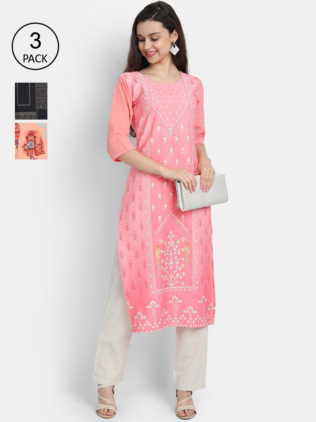 

Ethnic basket Women Pack Of 3 Multicoloured Ethnic Motifs Printed Crepe Kurta, Multi