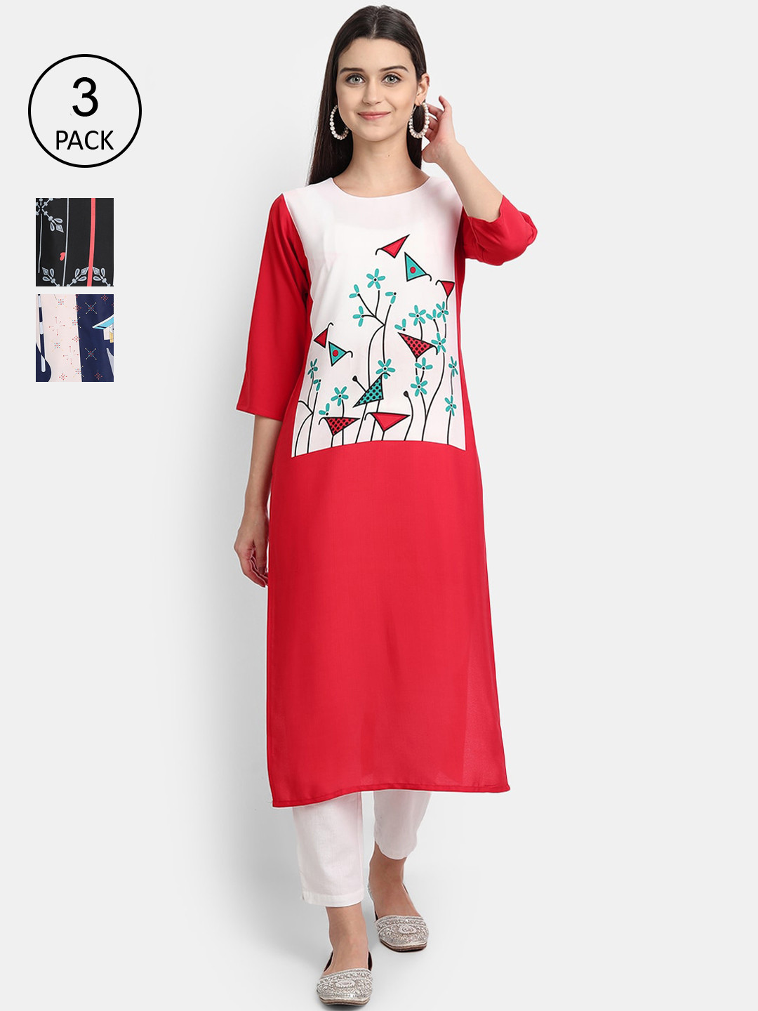 

Ethnic basket Women Pack Of 3 Multicoloured Ethnic Motifs Printed Crepe Kurta, Multi