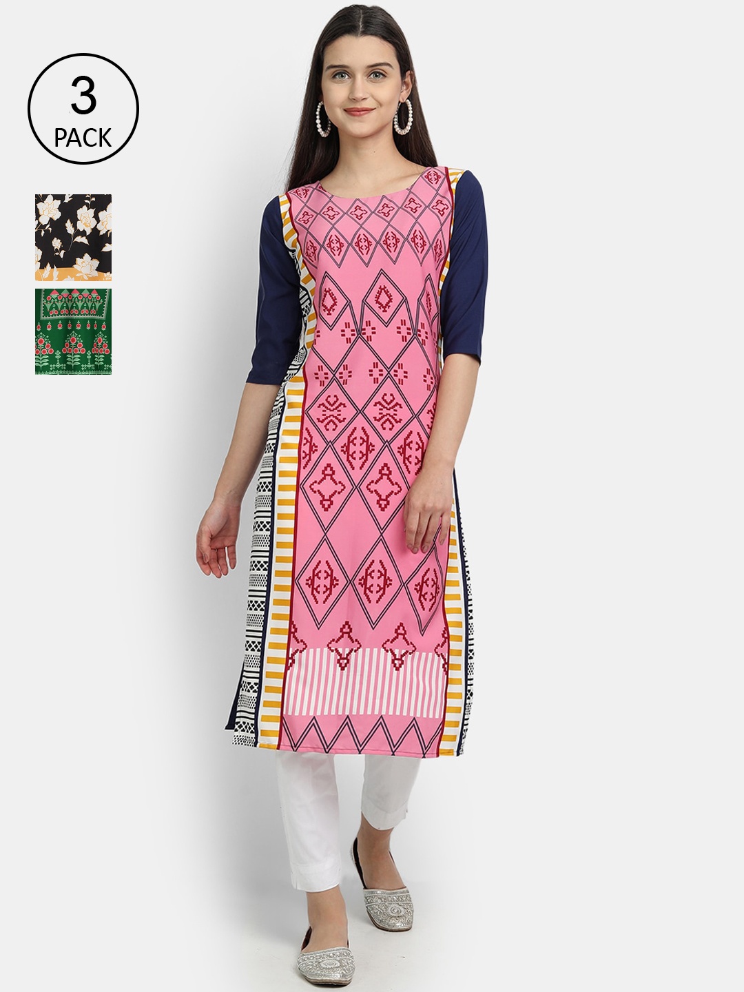 

Ethnic basket Women Pack Of 3 Multicoloured Floral Printed Crepe Kurta, Multi
