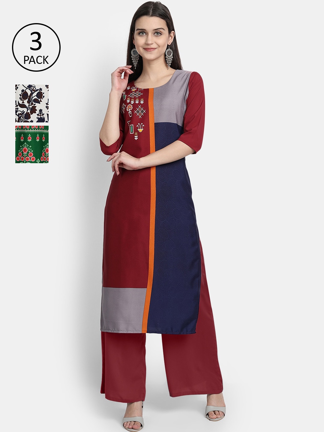 

Ethnic basket Women Maroon & Green Pack Of 3 Ethnic Motifs Printed Crepe Kurta