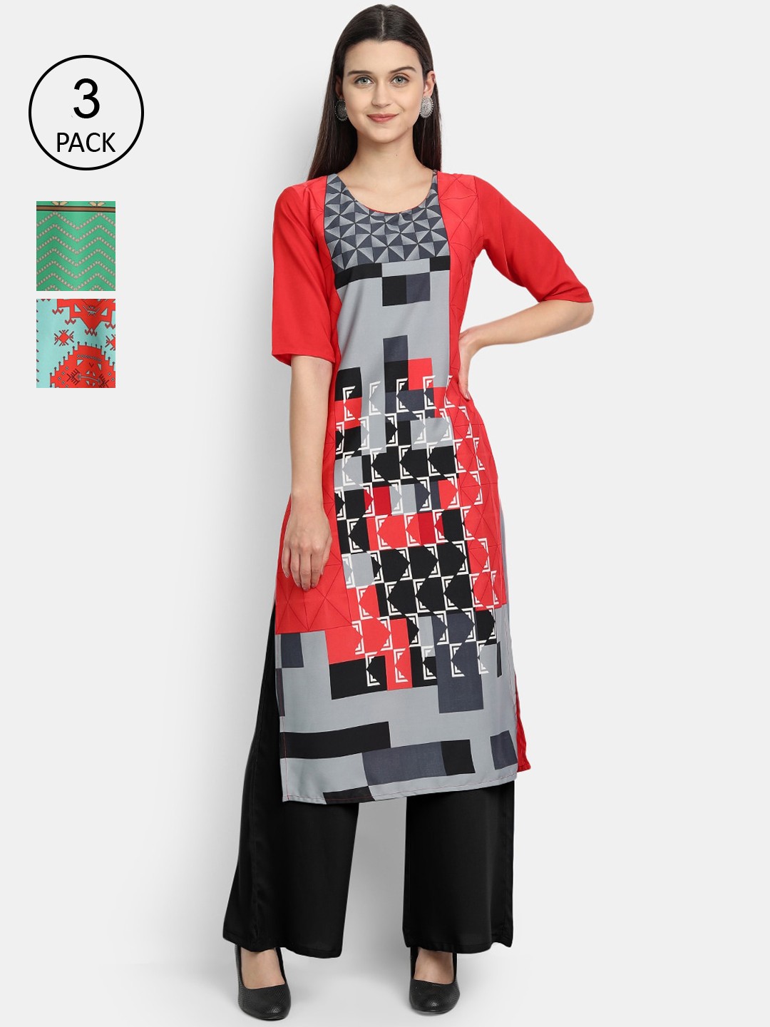 

Ethnic basket Women Pack Of 3 Multicoloured Ethnic Motifs Printed Crepe Kurta, Multi