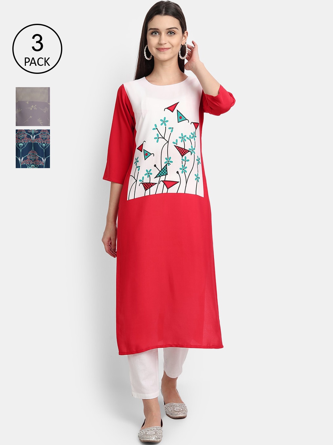 

Ethnic basket Women Pack Of 3 Straight Kurtas, Red