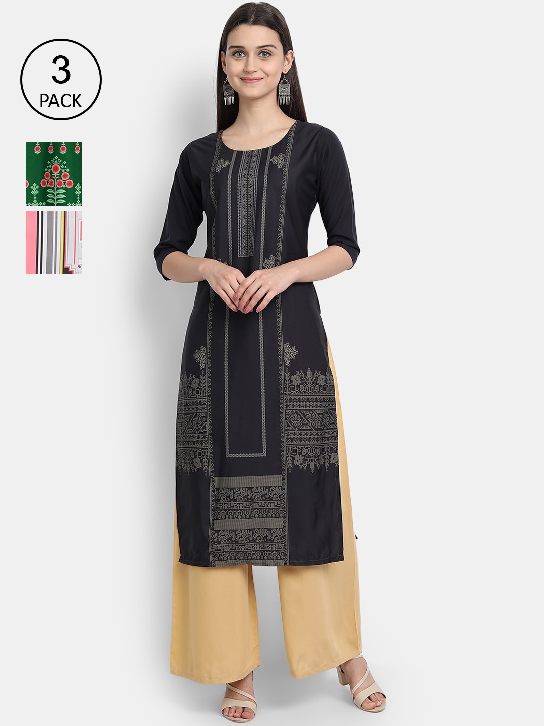 

Ethnic basket Women Pack of 3 Ethnic Motifs Printed Crepe Kurta, Black