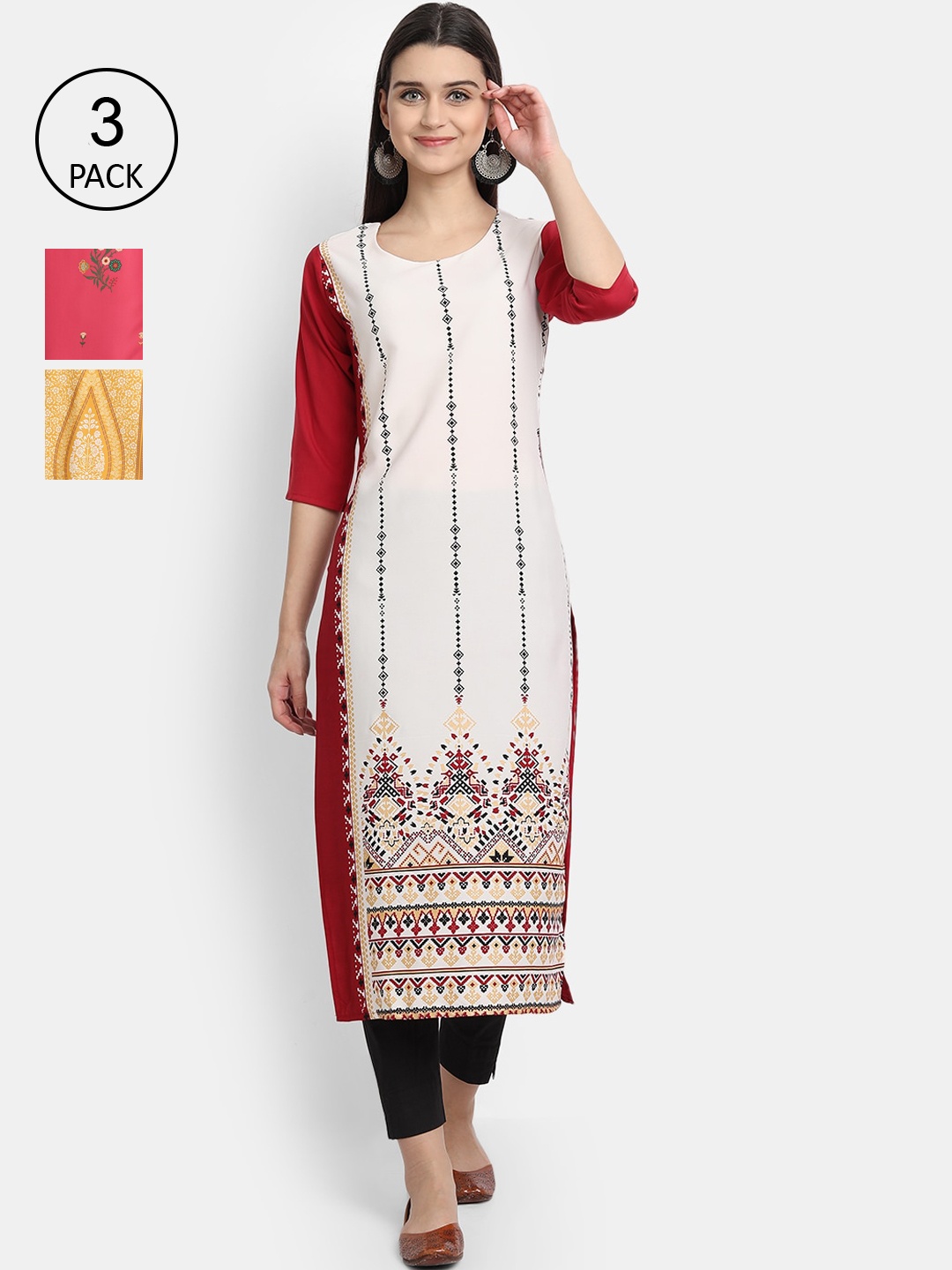 

Ethnic basket Women Mustard Pack of 3 Ethnic Motifs Printed Crepe Kurta