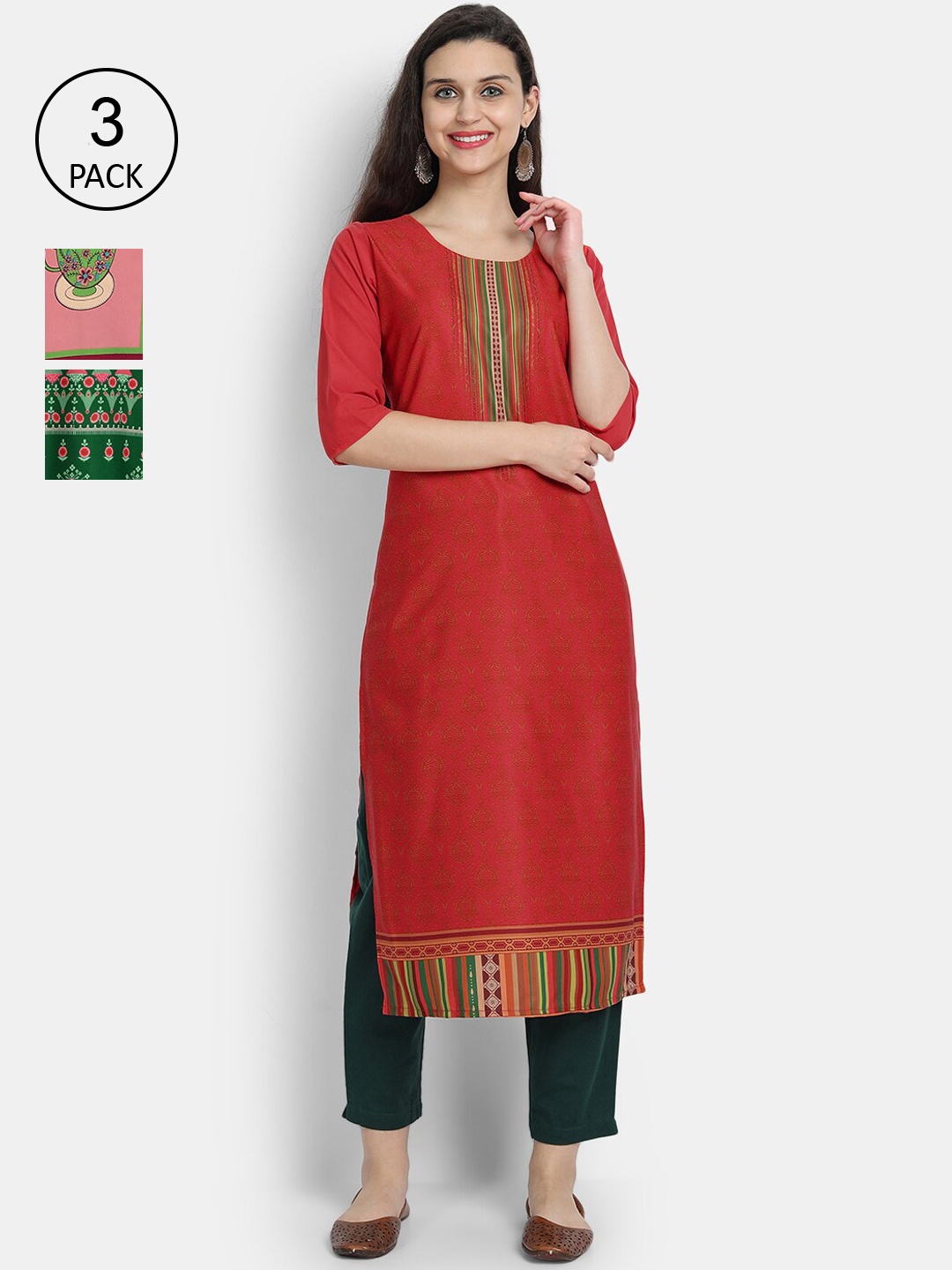 

Ethnic basket Pack Of 3 Ethnic Motifs Printed Crepe Kurta, Red