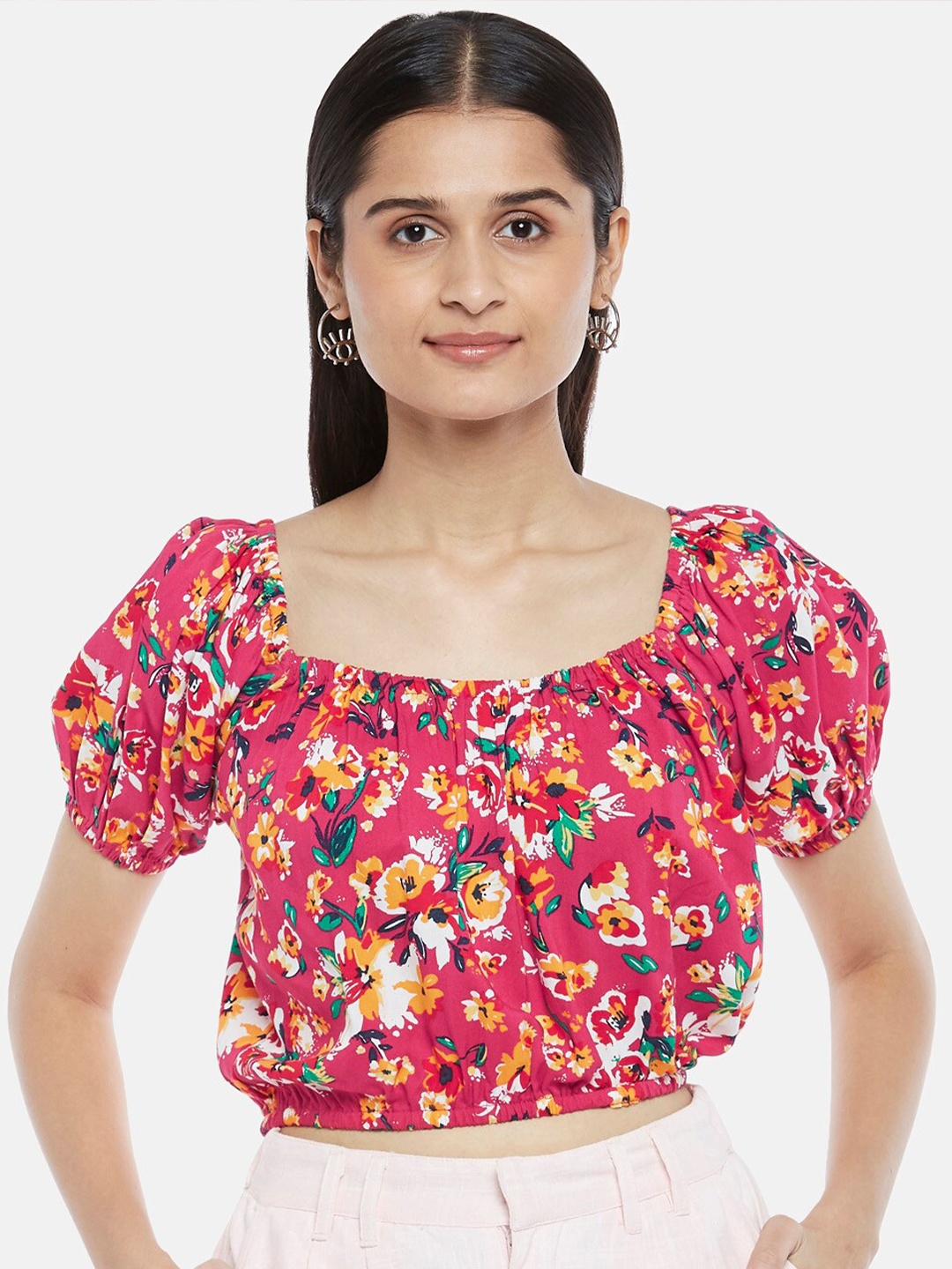 

People Fuchsia & Yellow Floral Print Crop Top