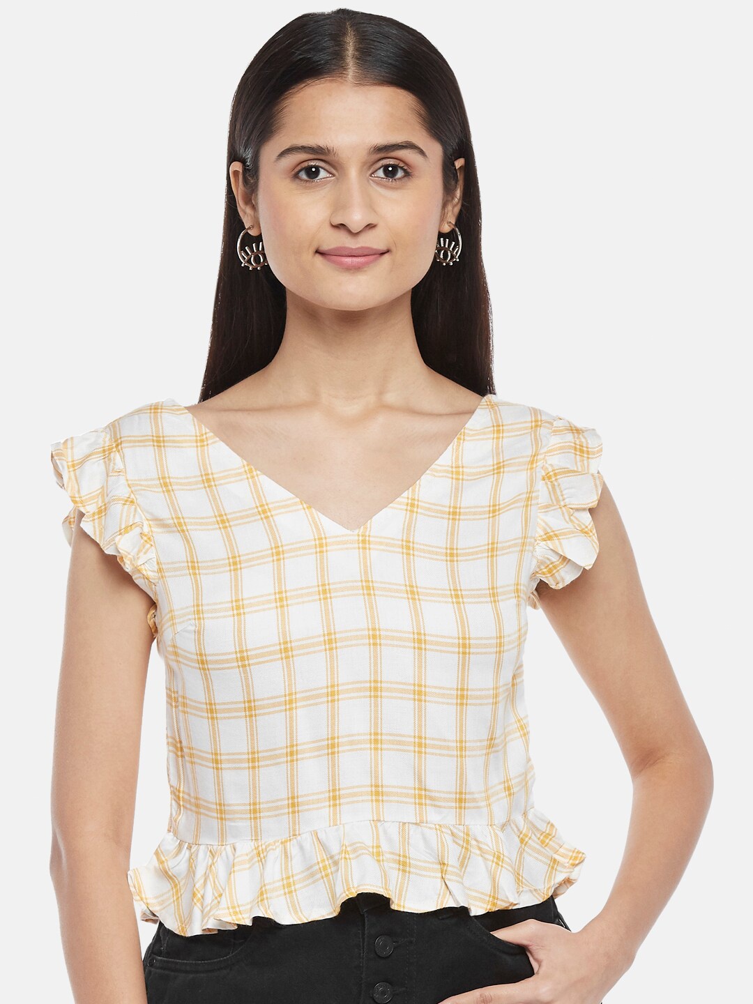 

People Yellow & White Checked Flutter Sleeves Ruffled Top