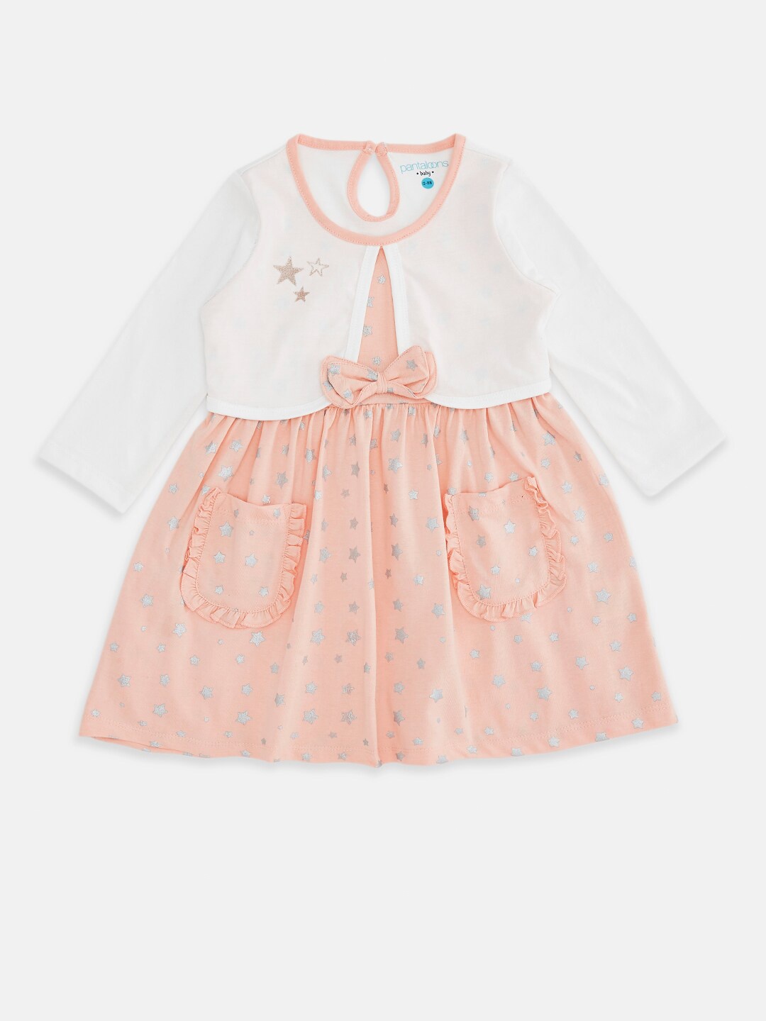 

Pantaloons Baby Infant Girls Peach-Coloured & White Layered Cotton A-Line Dress