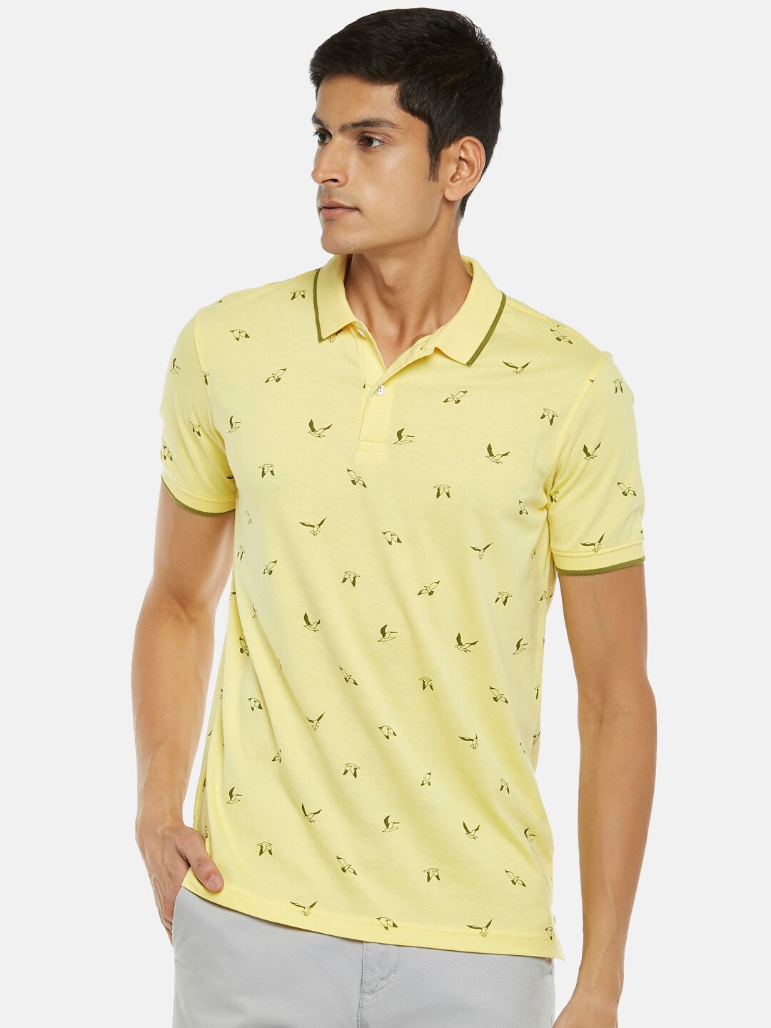 

BYFORD by Pantaloons Men Yellow Printed Polo Collar Slim Fit T-shirt