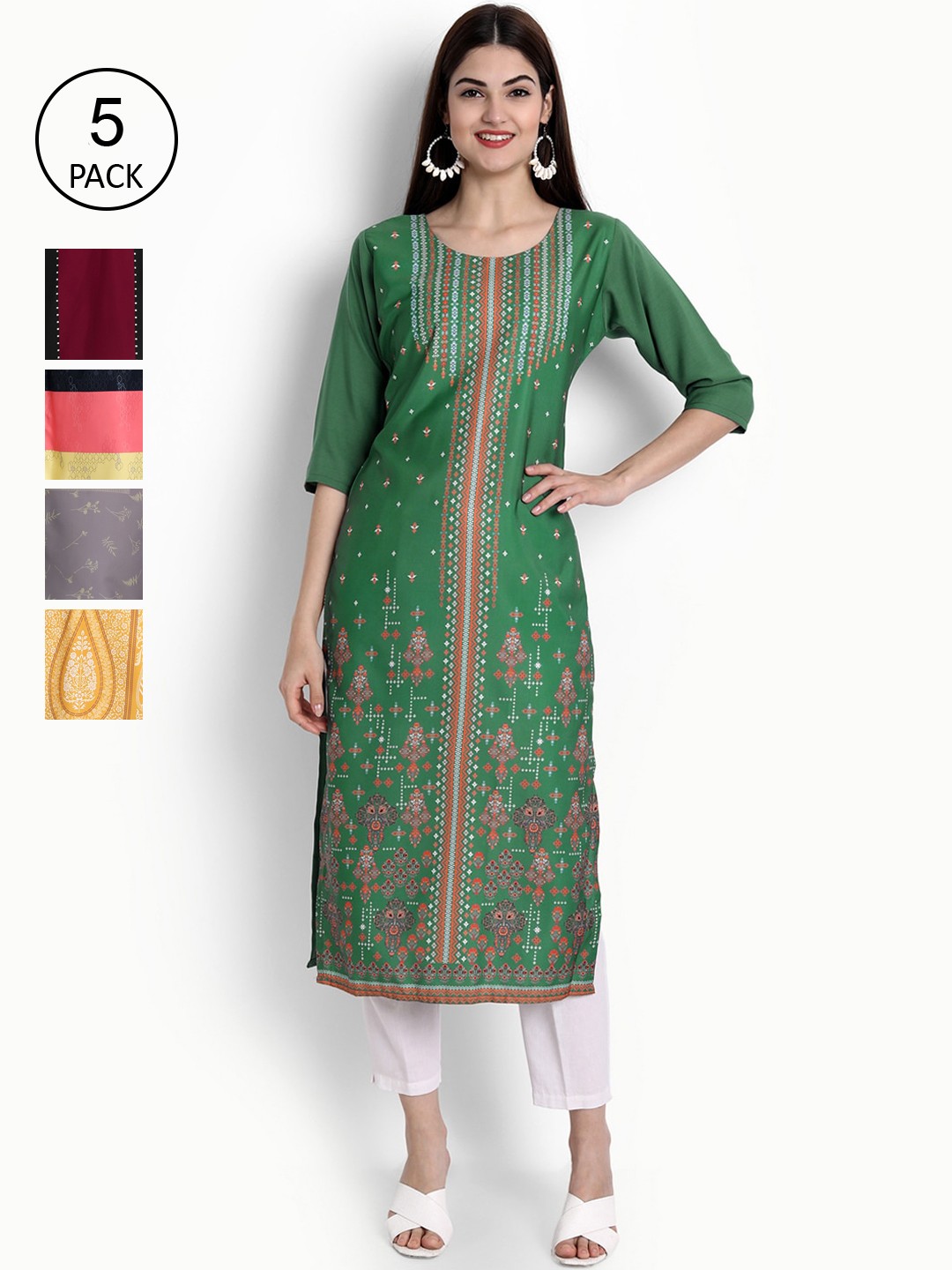 

Ethnic basket Women Pack of 5 Multicoloured Ethnic Motifs Printed Crepe Kurta, Multi