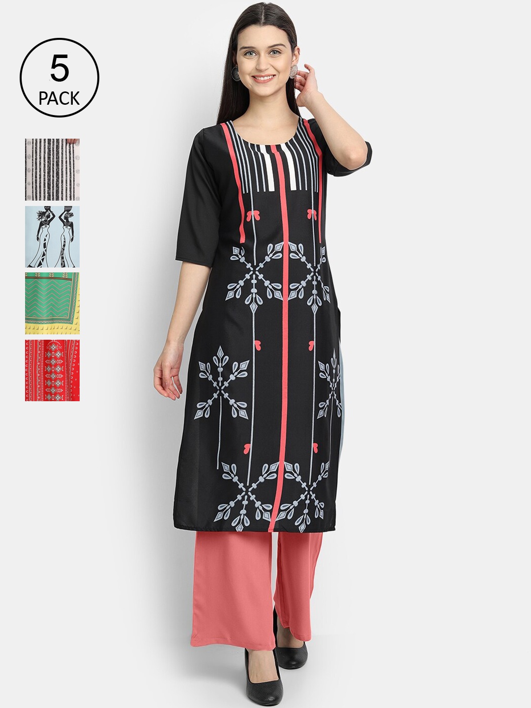 

Ethnic basket Women Pack Of 5 Straight Kurtas, Black