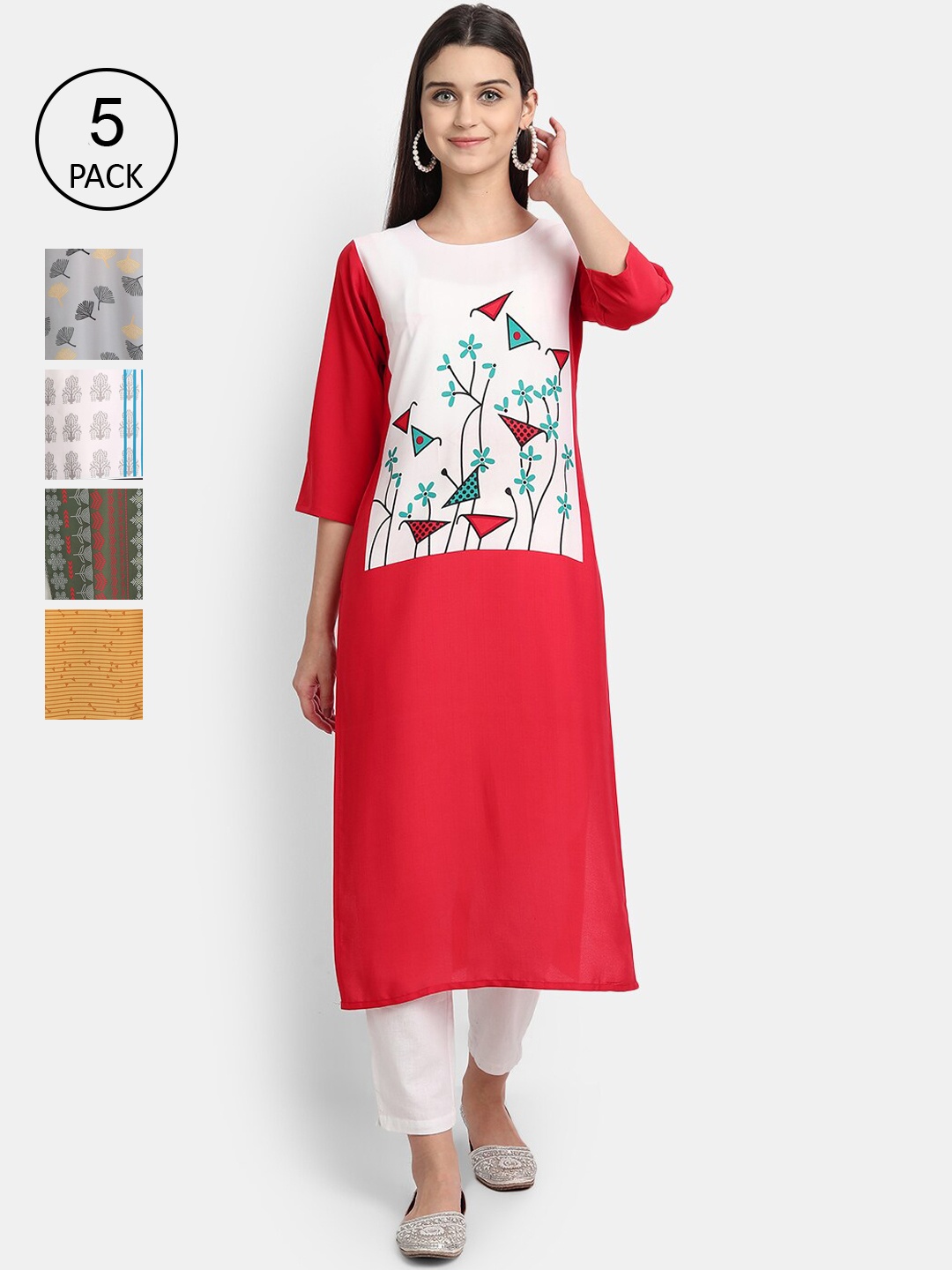

Ethnic basket Women Multicoloured Pack Of 5 Ethnic Motifs Printed Crepe Kurta, Multi