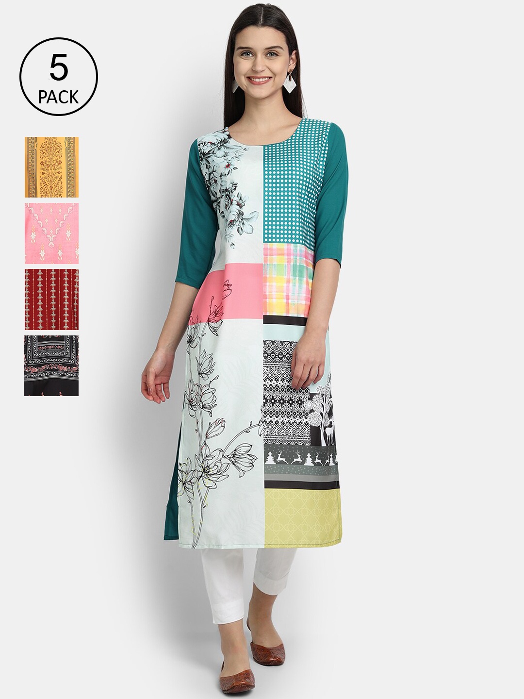 

Ethnic Basket Women Pack Of 5 Digital Print Straight Kurtas, Multi