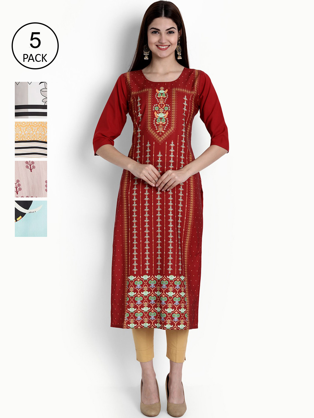 

Ethnic basket Women Pack of 5 Multicoloured Ethnic Motifs Printed Crepe Kurta, Multi