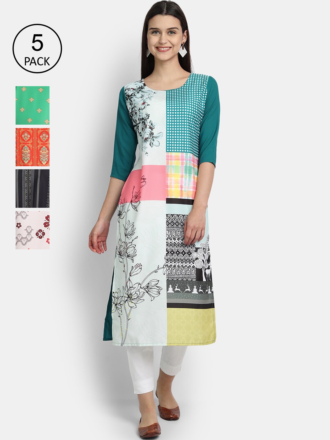 

Ethnic basket Women Pack Of 5 Digital Printed Crepe Kurta, Green