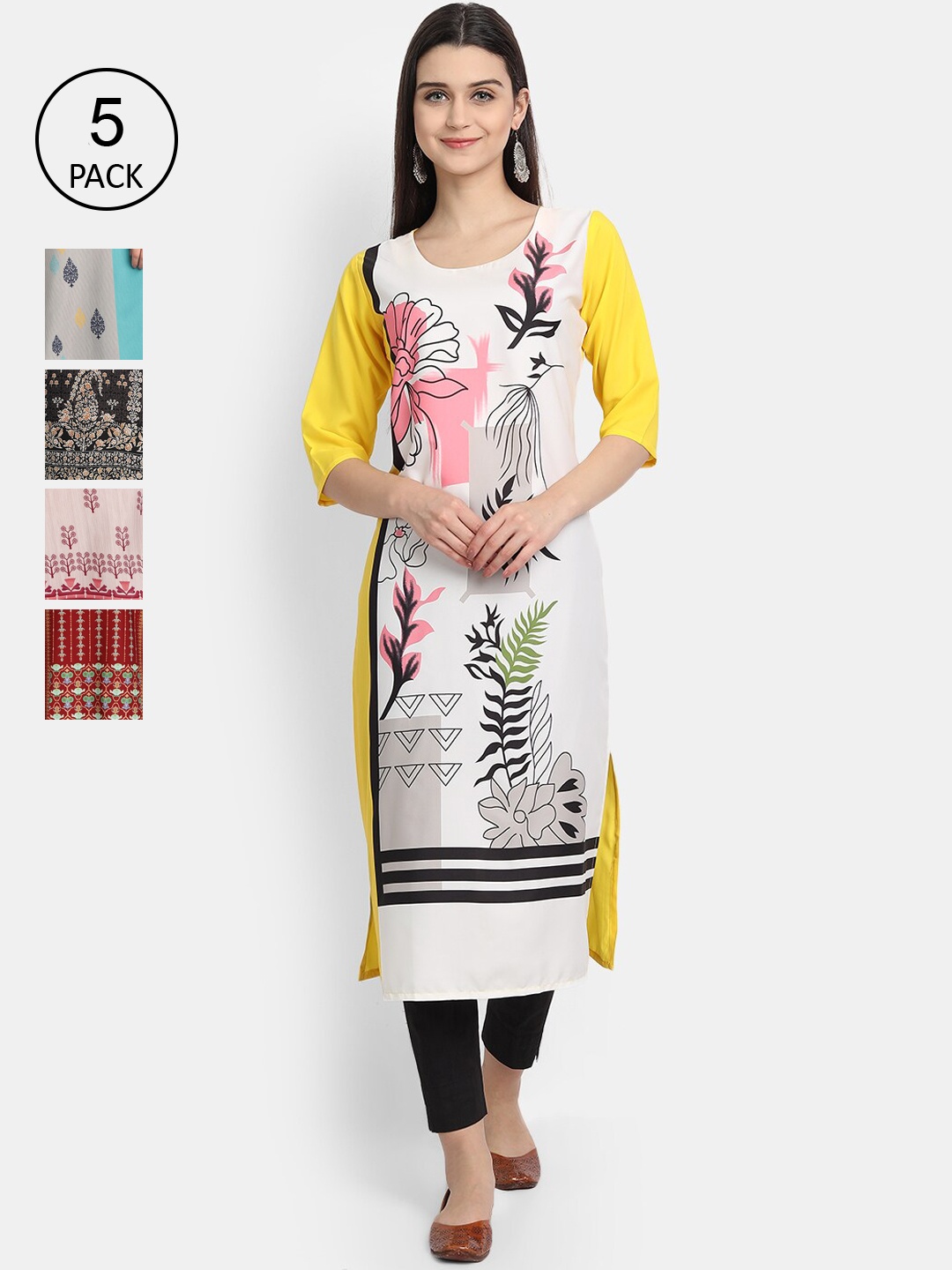 

Ethnic basket Women Pack of 5 Digital Printed Straight Kurtas, White
