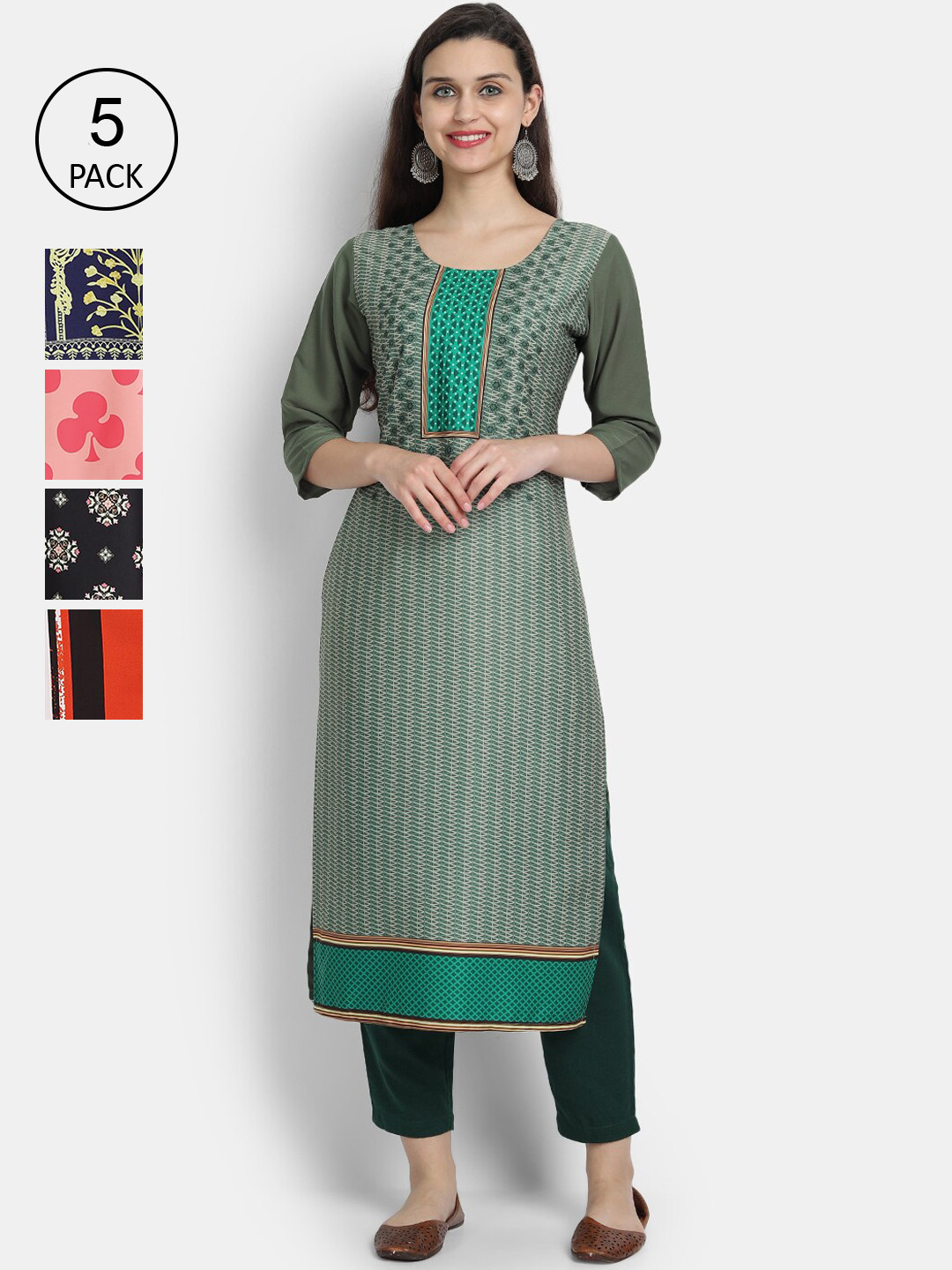 

Ethnic Basket Women Pack Of 5 Digital Print Straight Kurtas, Multi