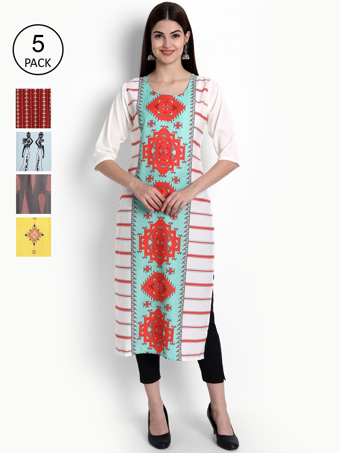 

Ethnic basket Women Multicoloured Pack Of 5 Ethnic Motifs Printed Crepe Kurta, Multi