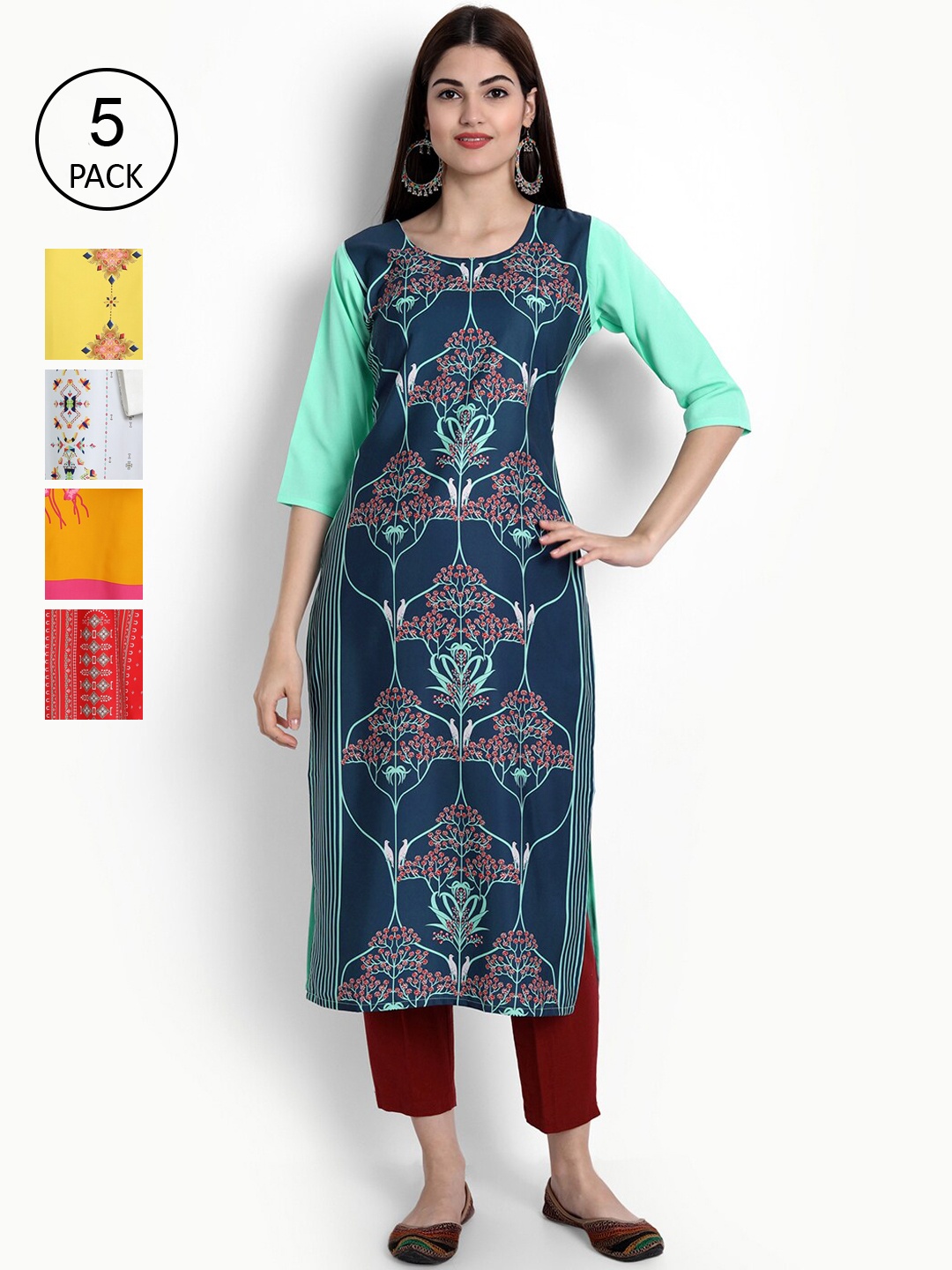 

Ethnic basket Women Green & Yellow Ethnic Motifs Printed Crepe Kurta Pack Of 5
