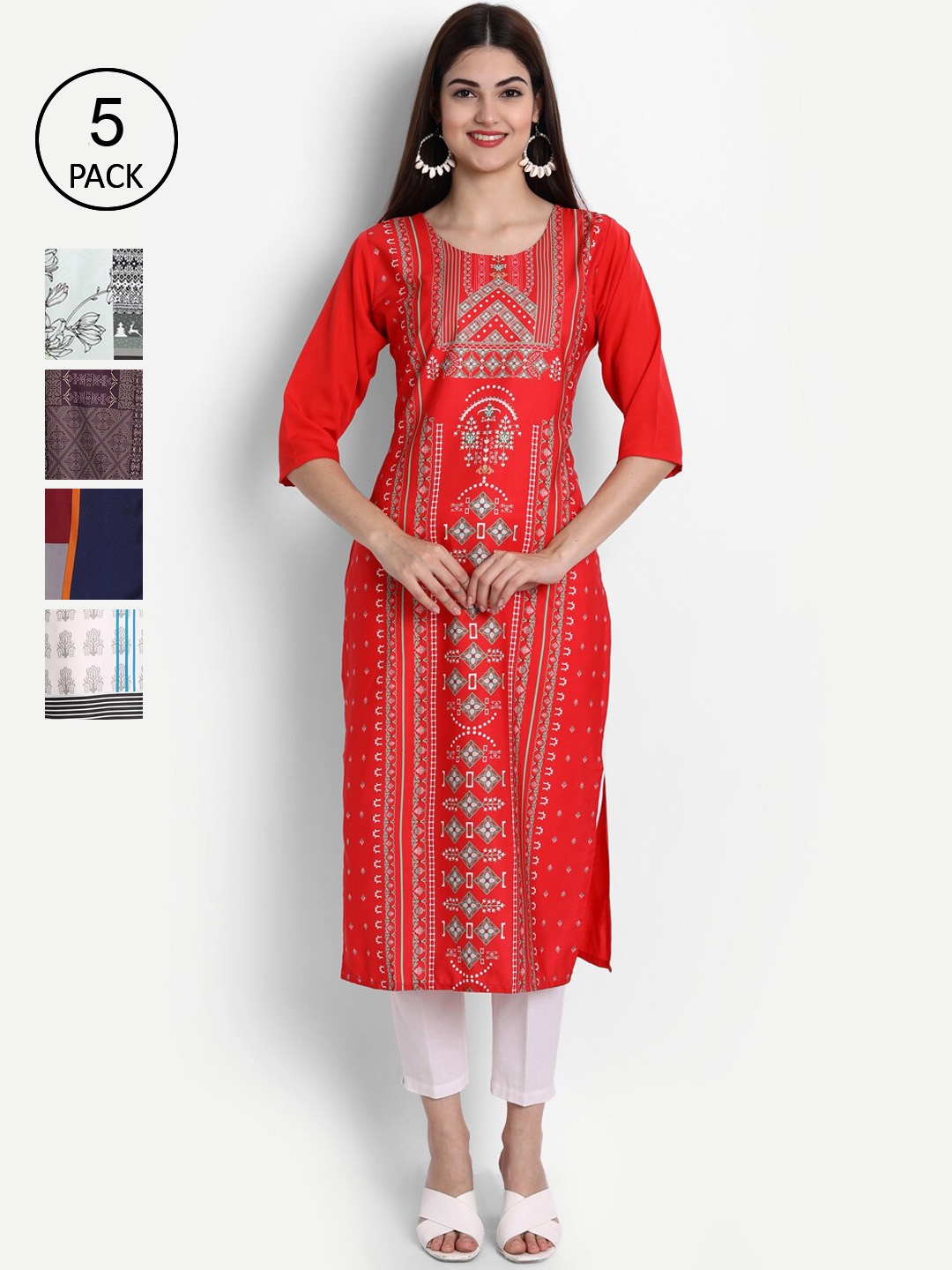 

Ethnic basket Women Pack Of 5 Straight Kurtas, Red
