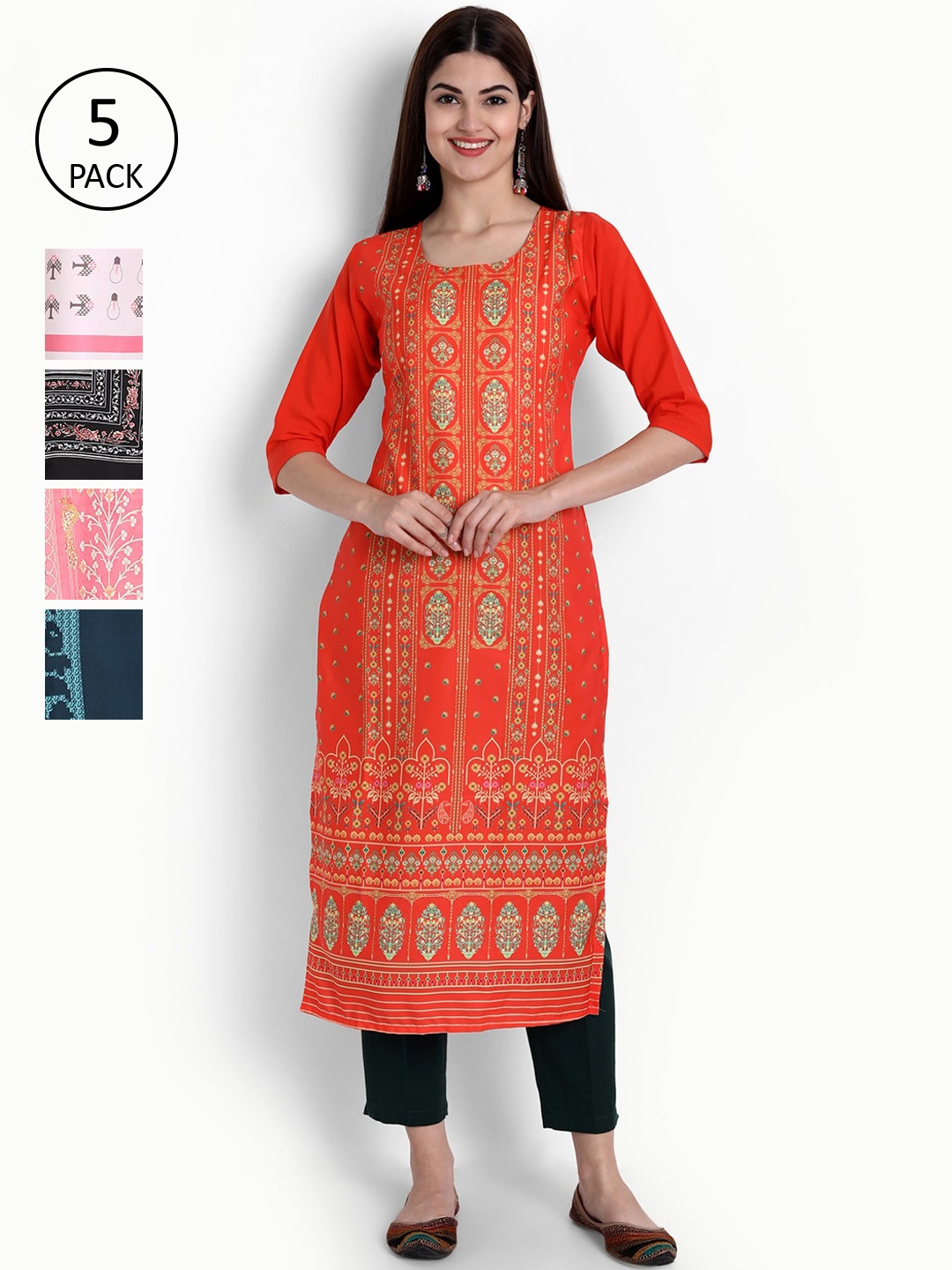 

Ethnic basket Women Orange & Black Ethnic Motifs Printed Crepe Kurta Set Of 5