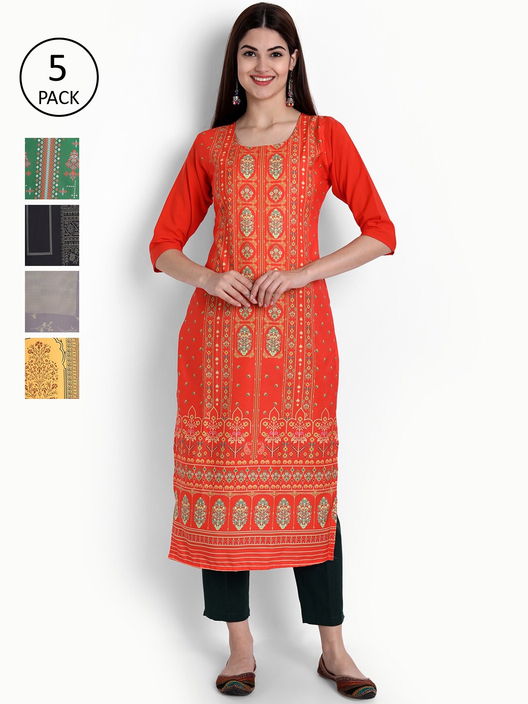 

Ethnic basket Women Pack of 5 Orange & Green Ethnic Motifs Printed Crepe Kurtas