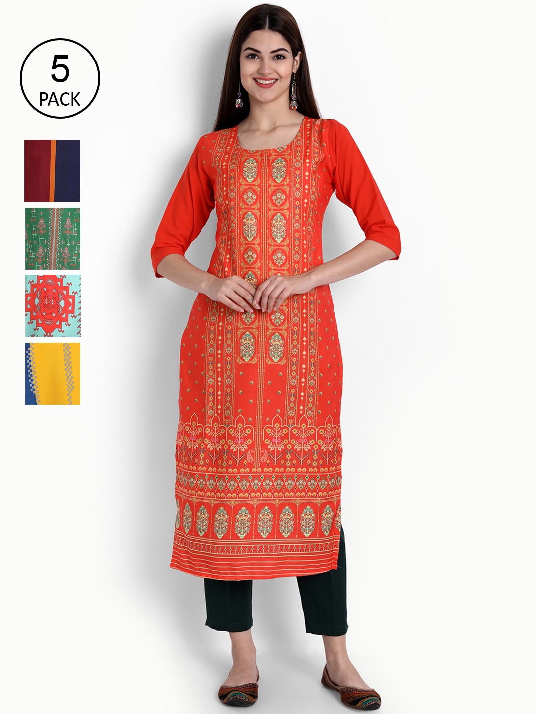 

Ethnic basket Women Pack of 5 Digital Printed Straight Kurtas, Orange