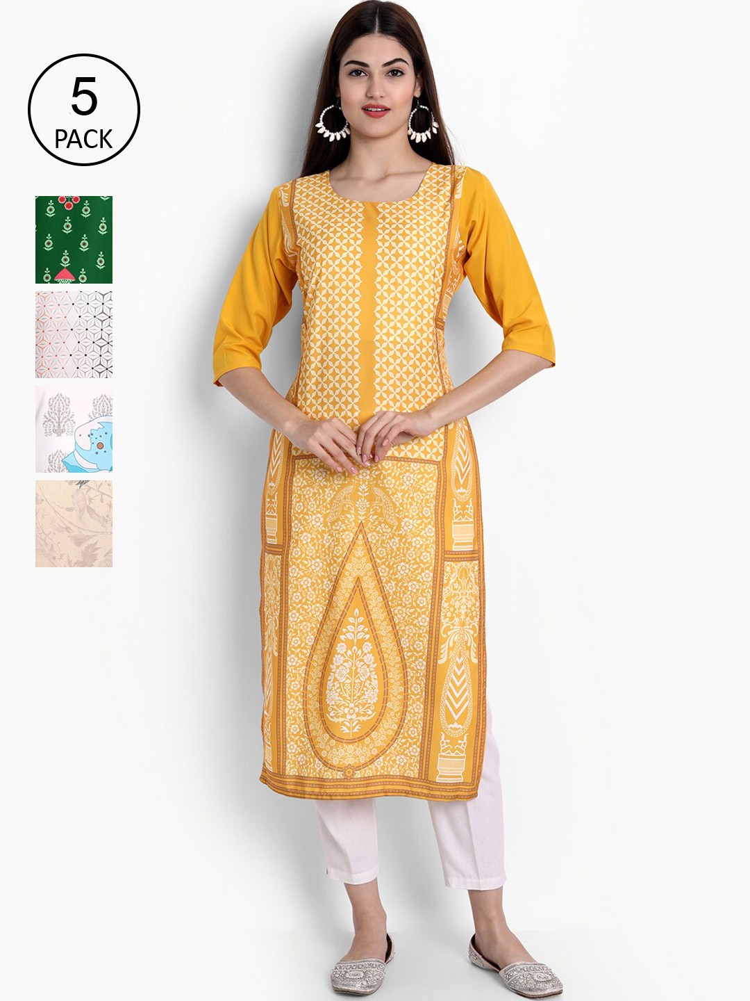 

Ethnic basket Women Yellow & Green Ethnic Motifs Printed Crepe Kurta Pack Of 5