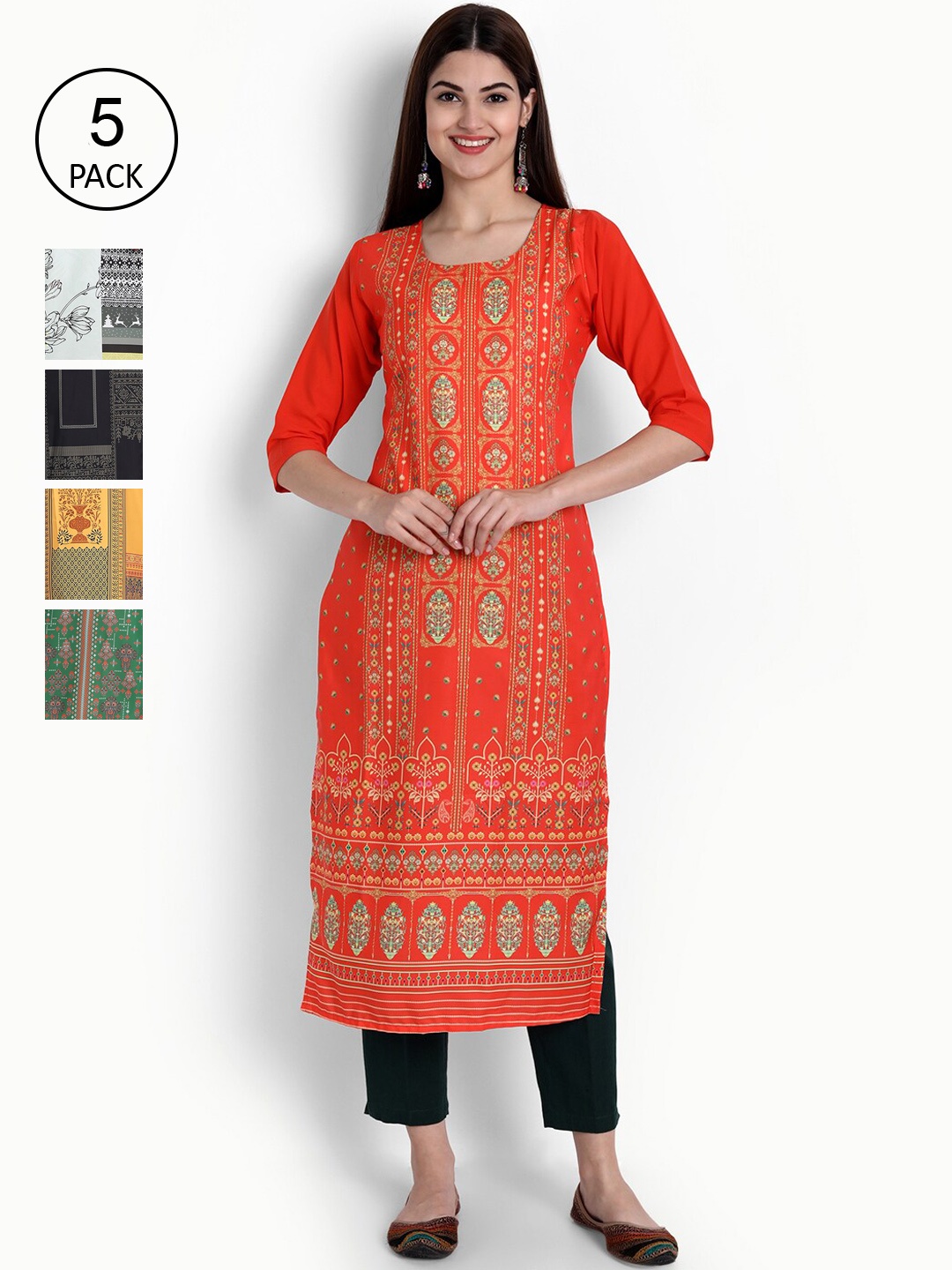 

Ethnic basket Women Pack Of 5 Digital Print Straight Kurtas, Multi